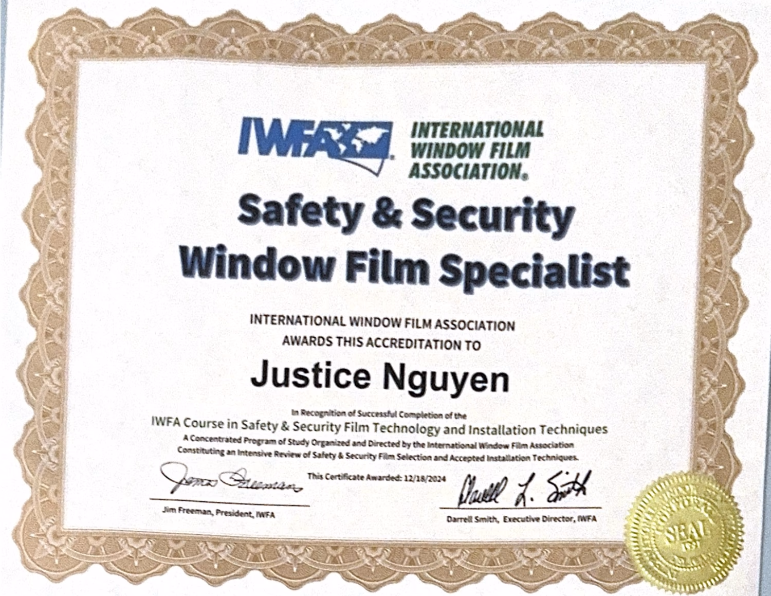 IWFA Safety and Security Window Film Specialist certificate awarded to Justice Nguyen, December 2024