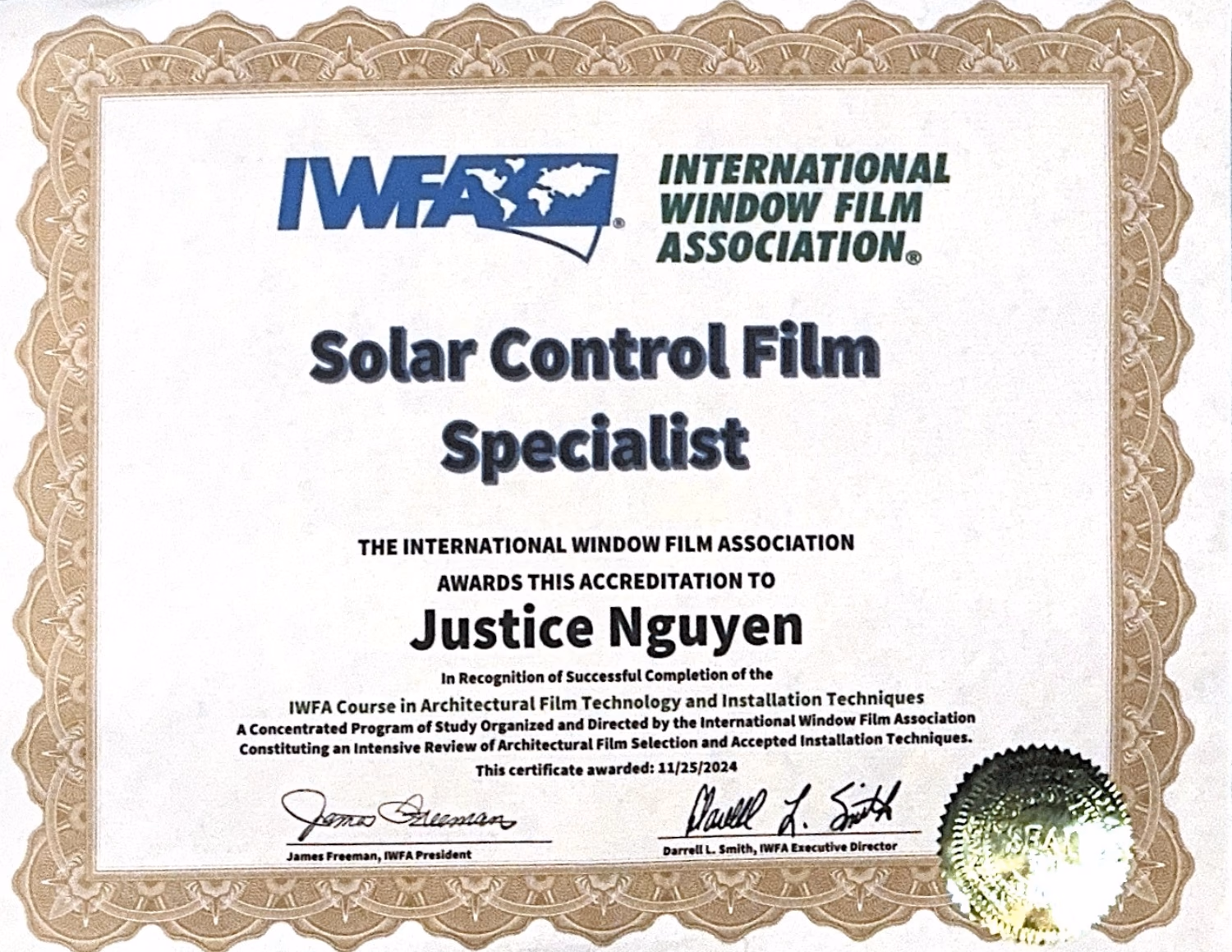 IWFA Solar Control Film Specialist certificate awarded to Justice Nguyen, November 2024