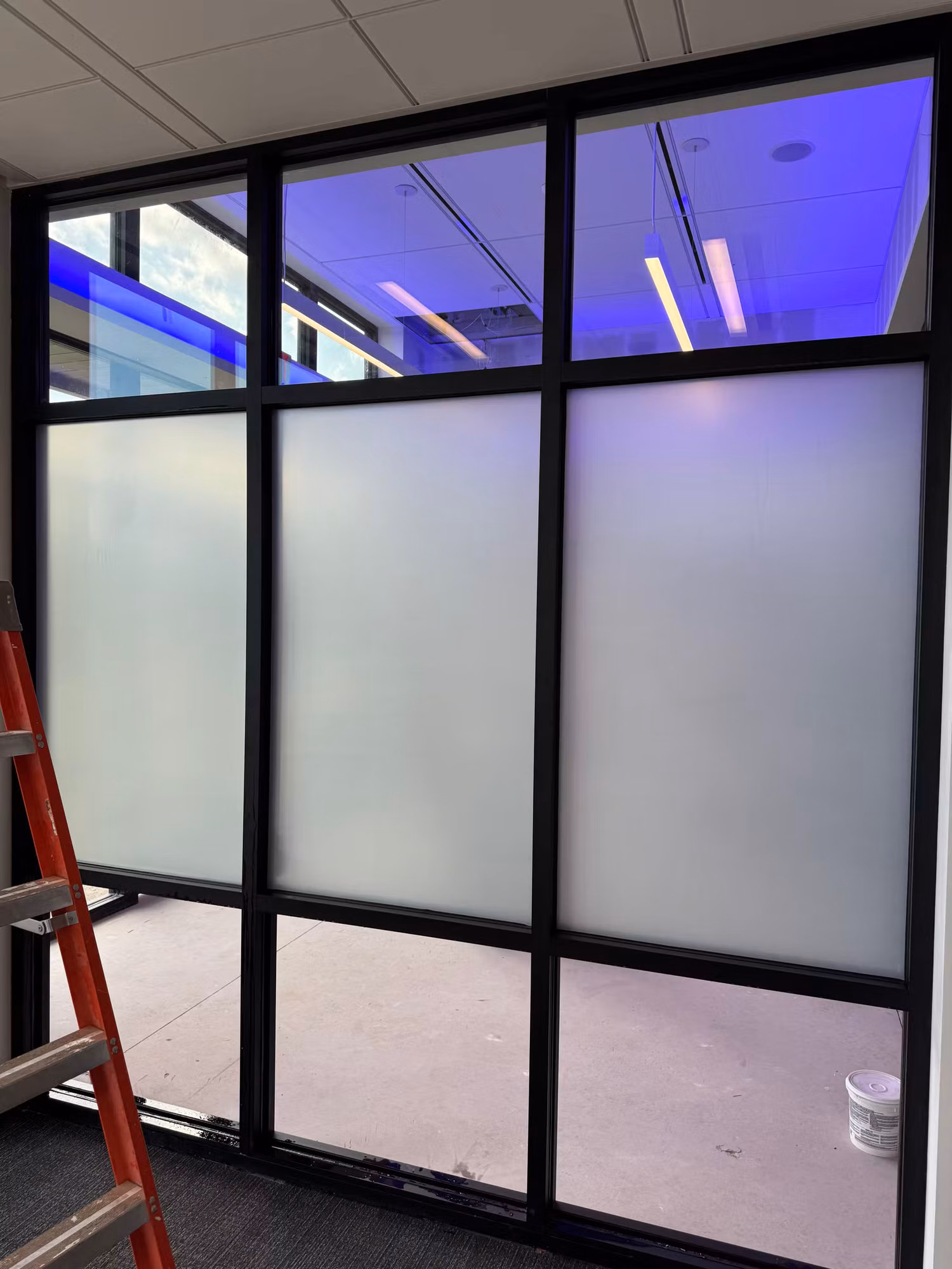 Black-framed interior glass partition wall with frosted privacy film on the lower panels and clear transom glass above.
