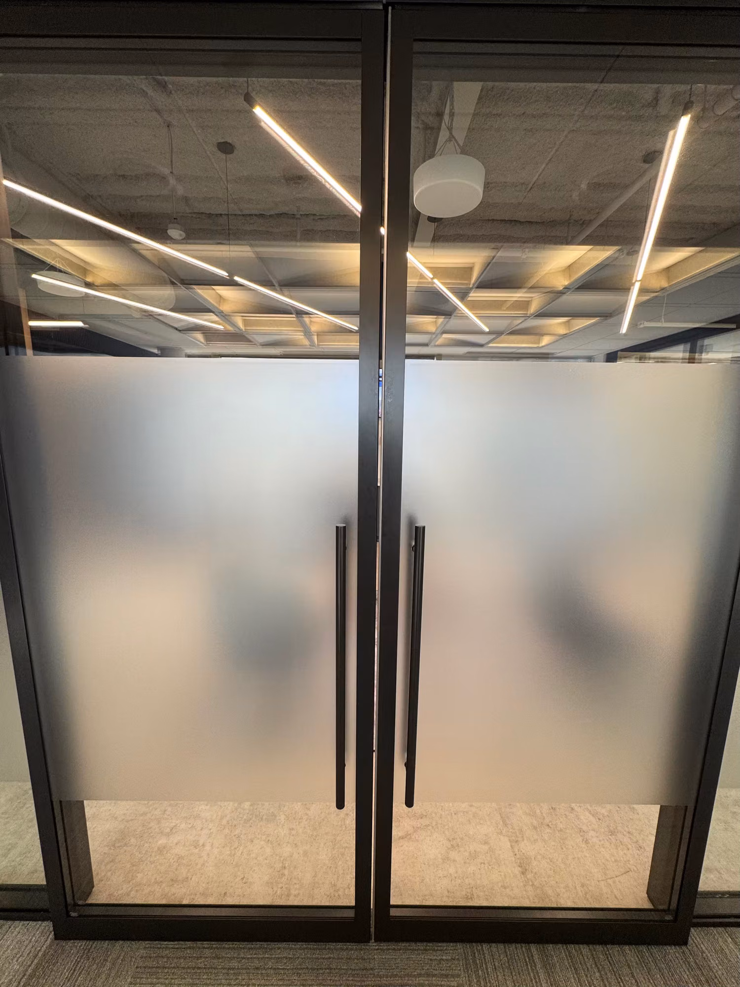 Black-framed double glass doors with a wide frosted privacy band across the center for interior screening.