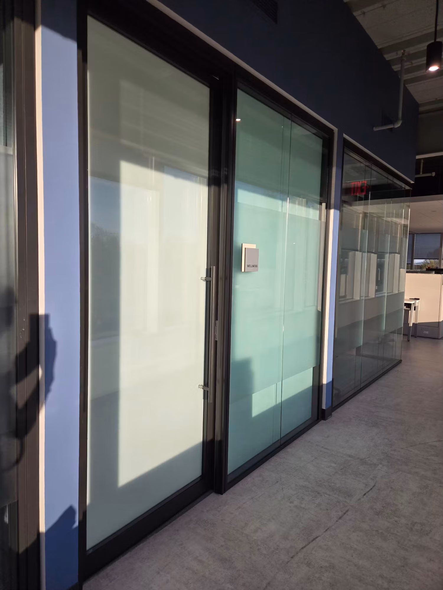Office glass partition wall and swing door fitted with frosted privacy film panels along a corridor.