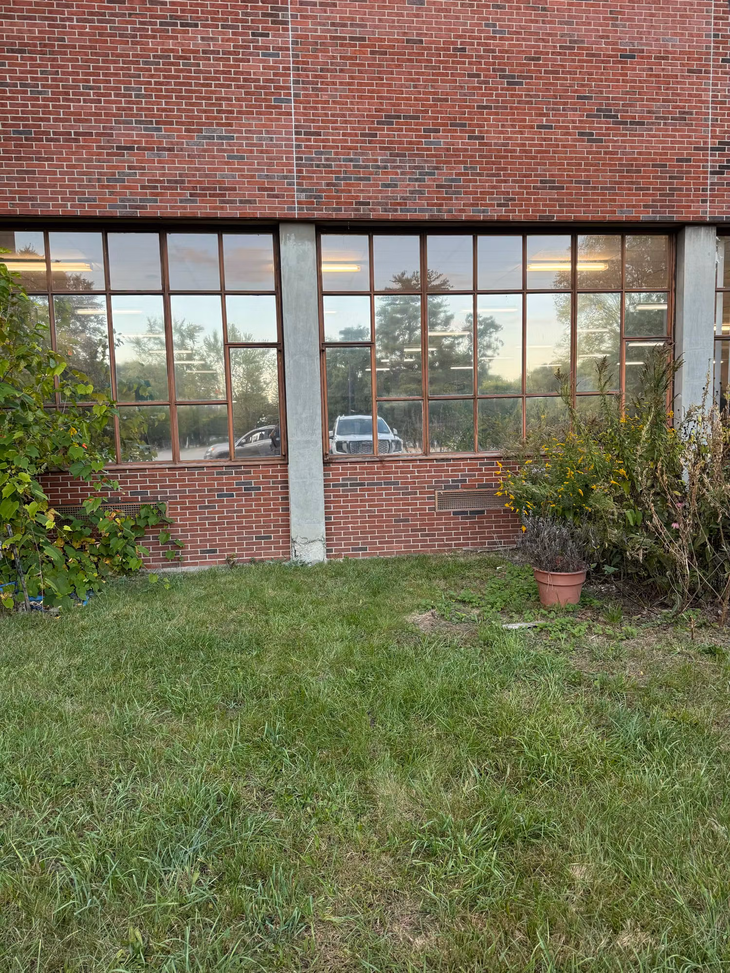 Low brick-framed school window bank with reflective solar film showing the parking lot and a passing car.