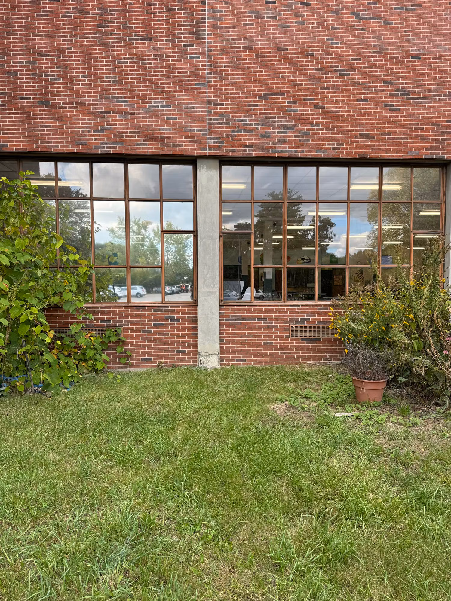 Ground-level brick school facade with a band of multi-pane windows treated with reflective solar film.