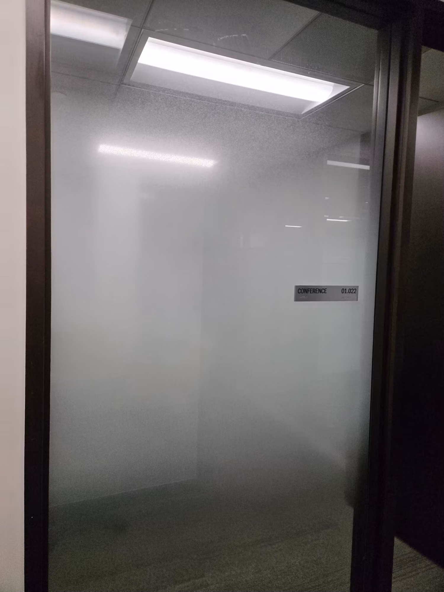 Glass-walled conference room partition treated with frosted privacy film that diffuses light while obscuring the interior.