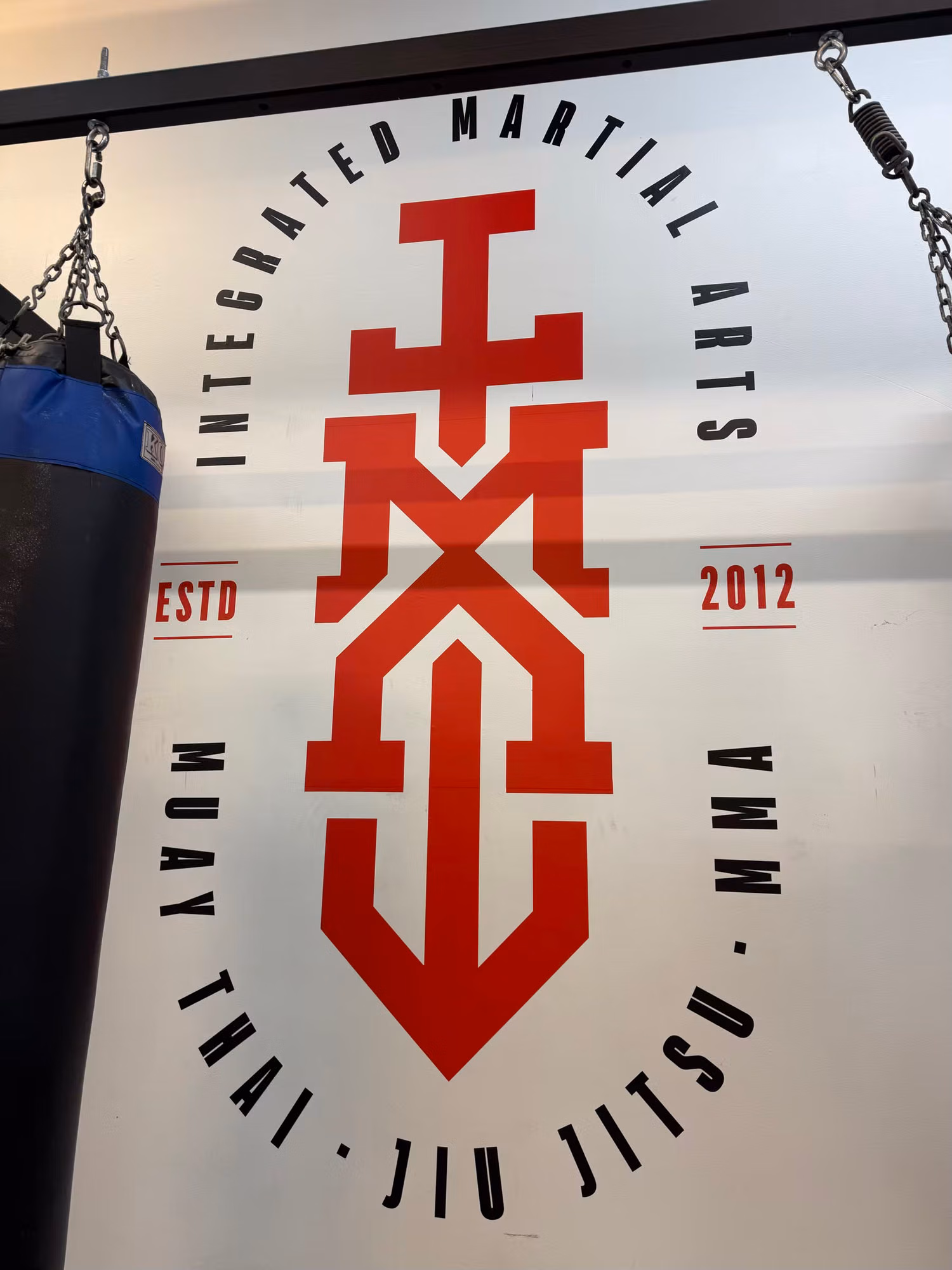 Close-up of a red and black cut-vinyl logo decal installed on a gym interior wall beside a heavy bag.