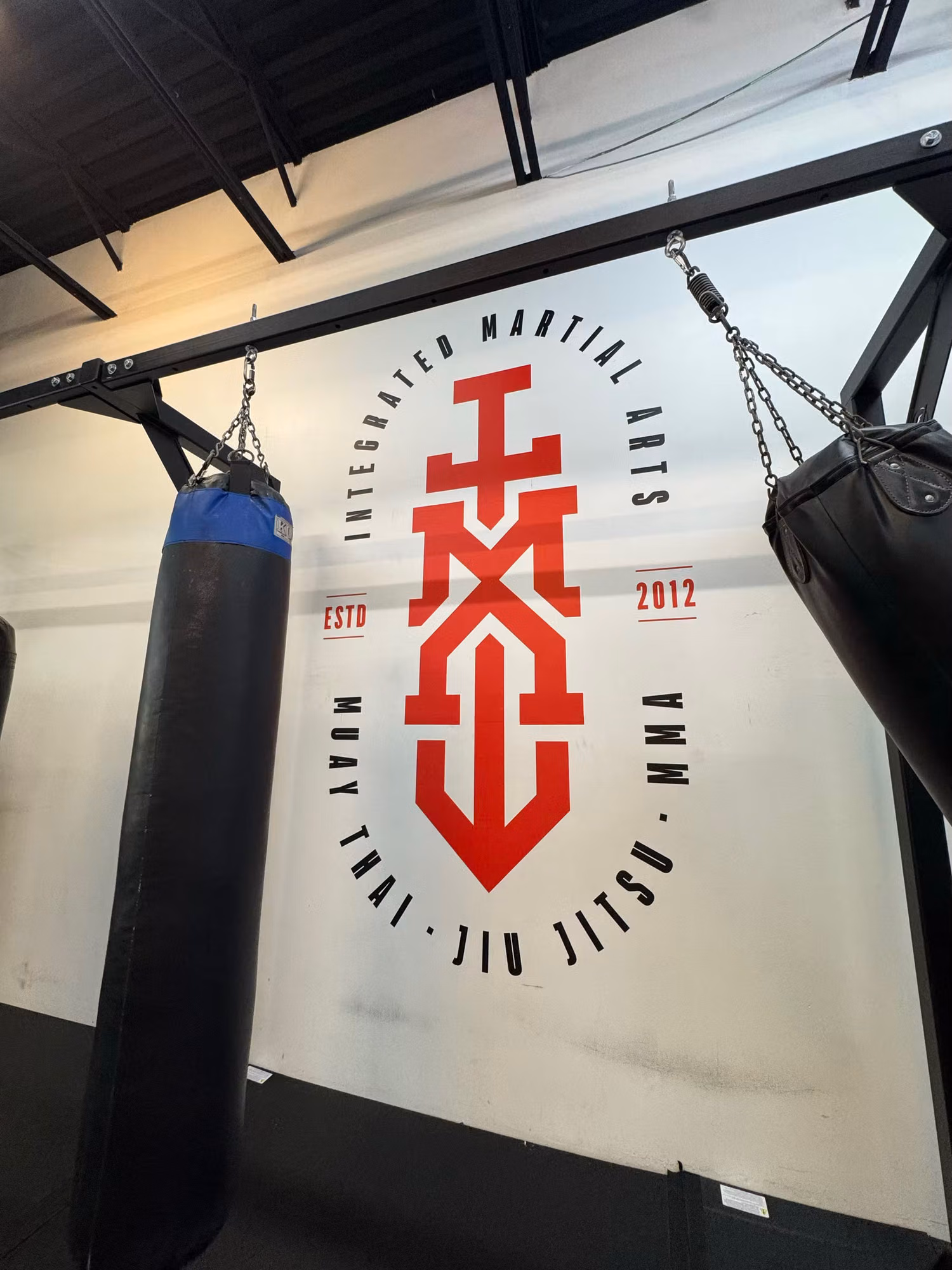 Vinyl logo graphic on a gym wall framed by heavy bags hanging from an overhead rig.