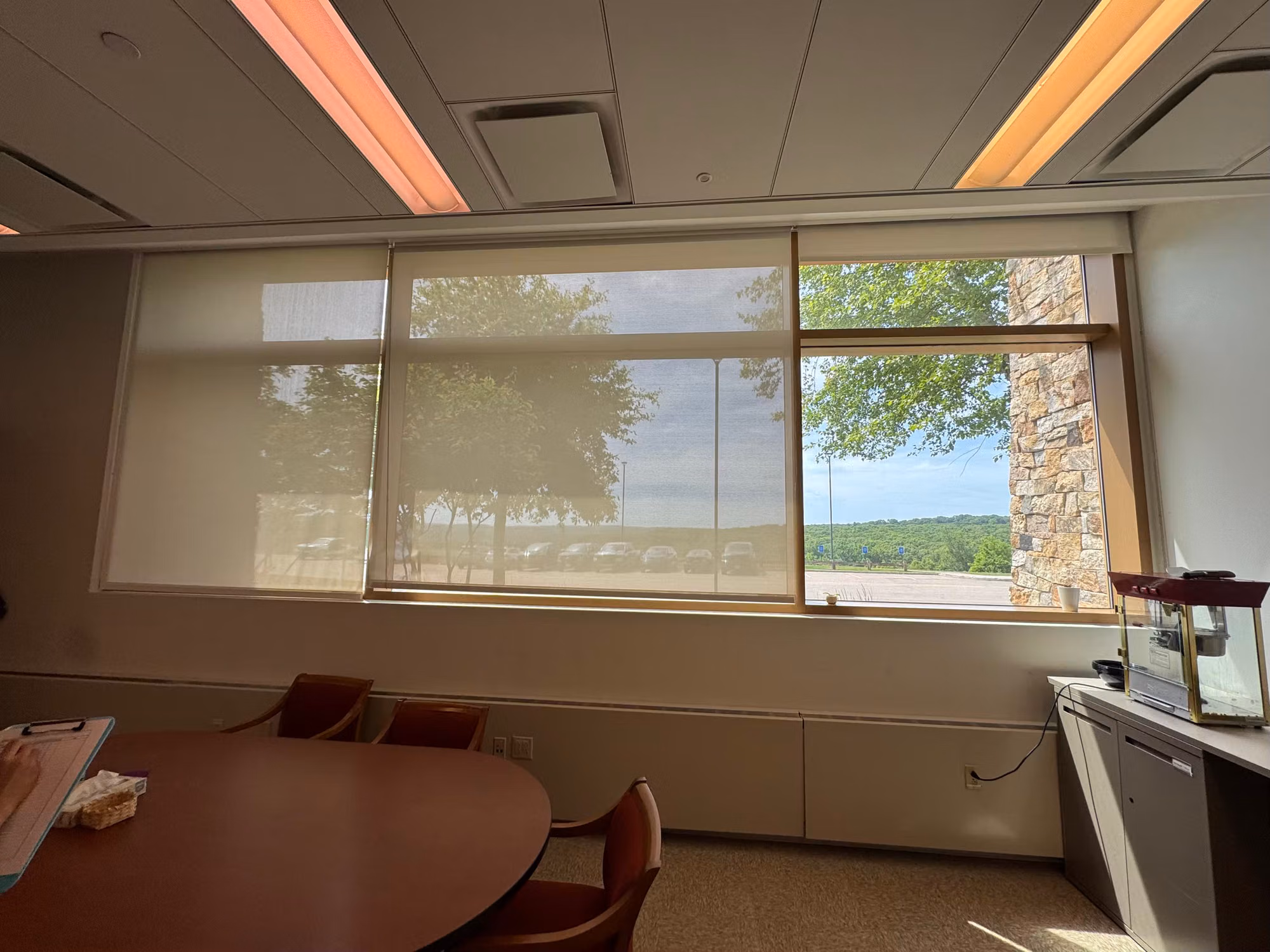 Conference room picture window fitted with light-diffusing solar roller screens overlooking trees and parking.