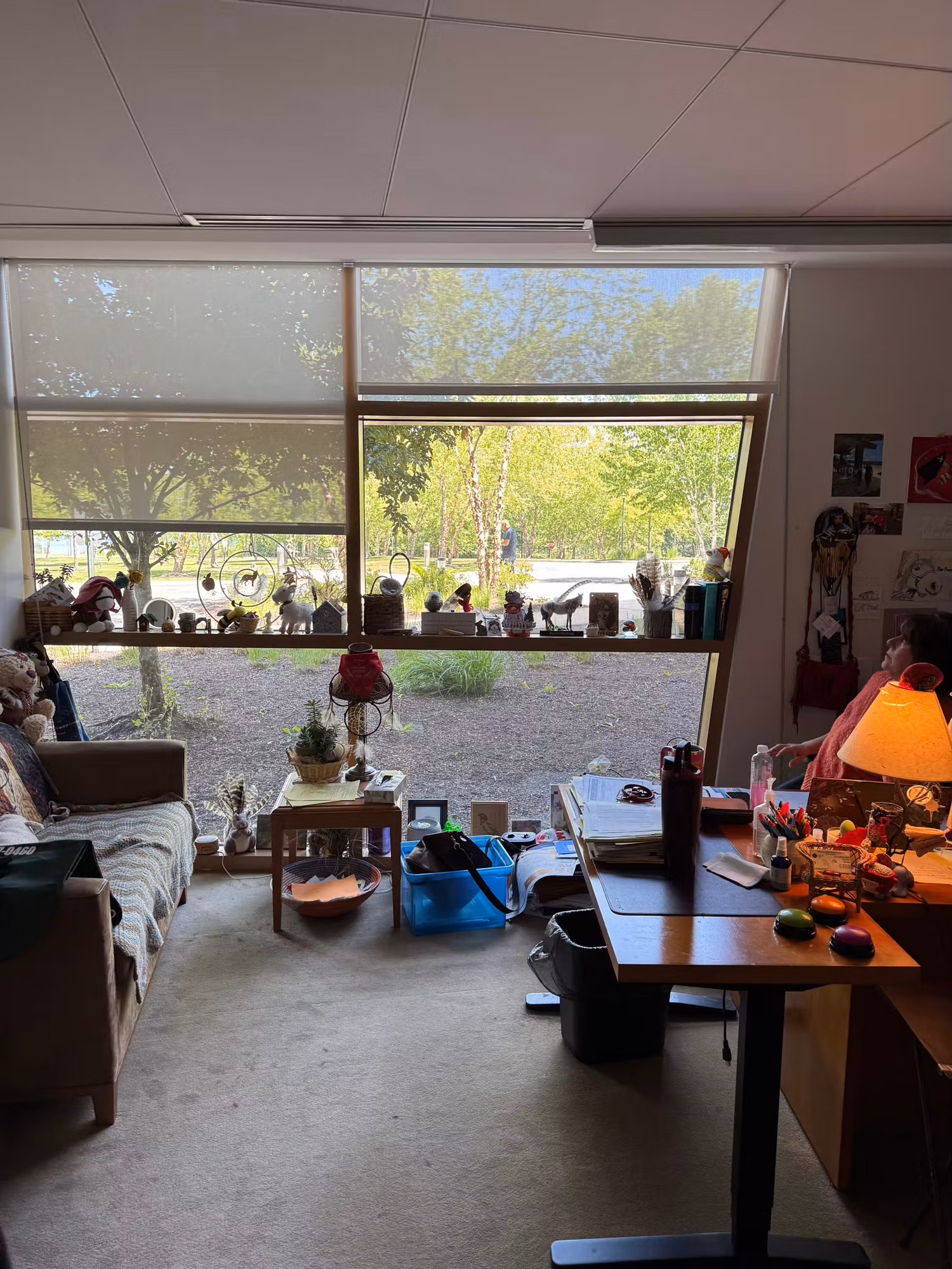 Cluttered office with wide windows overlooking greenery, partially covered by solar roller shades.