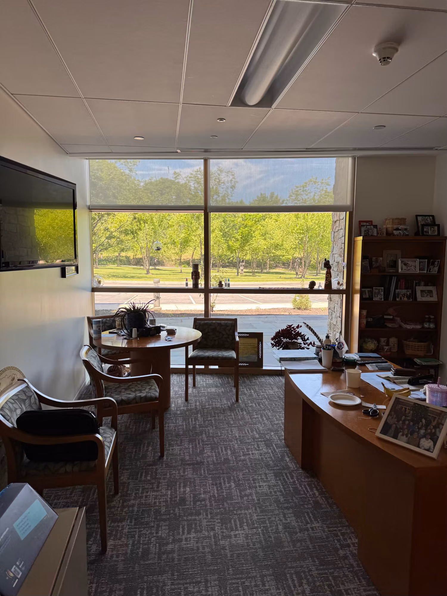 Private office picture window with a solar screen shade above a seating area and wood desk overlooking greenery.