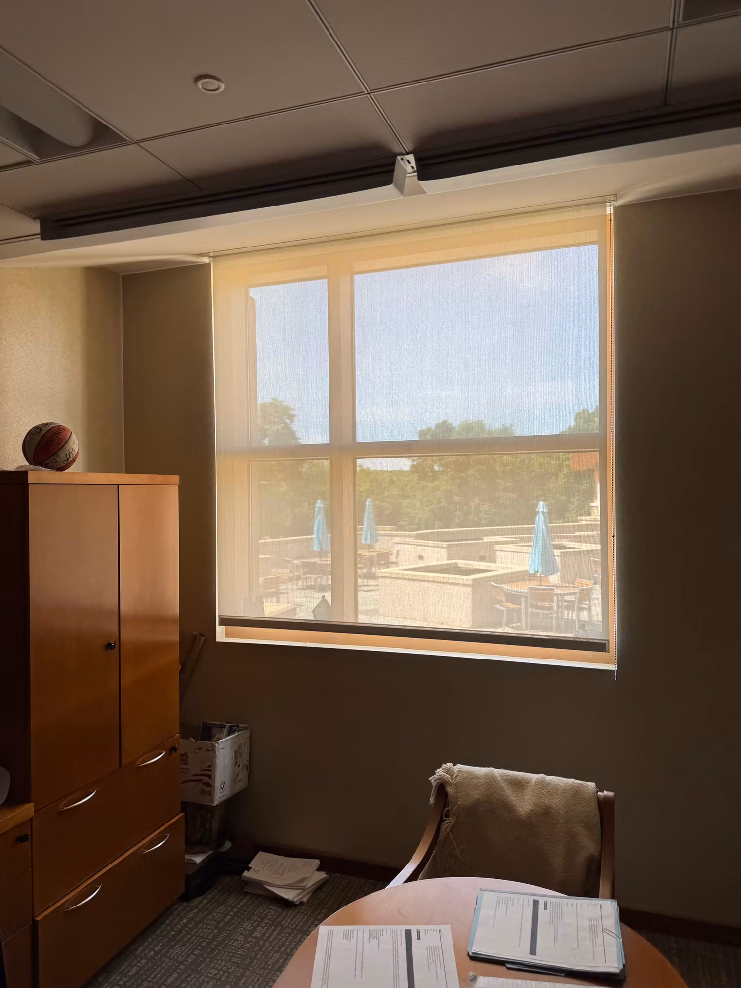Office window fitted with a translucent solar control screen that diffuses light while keeping the patio view.