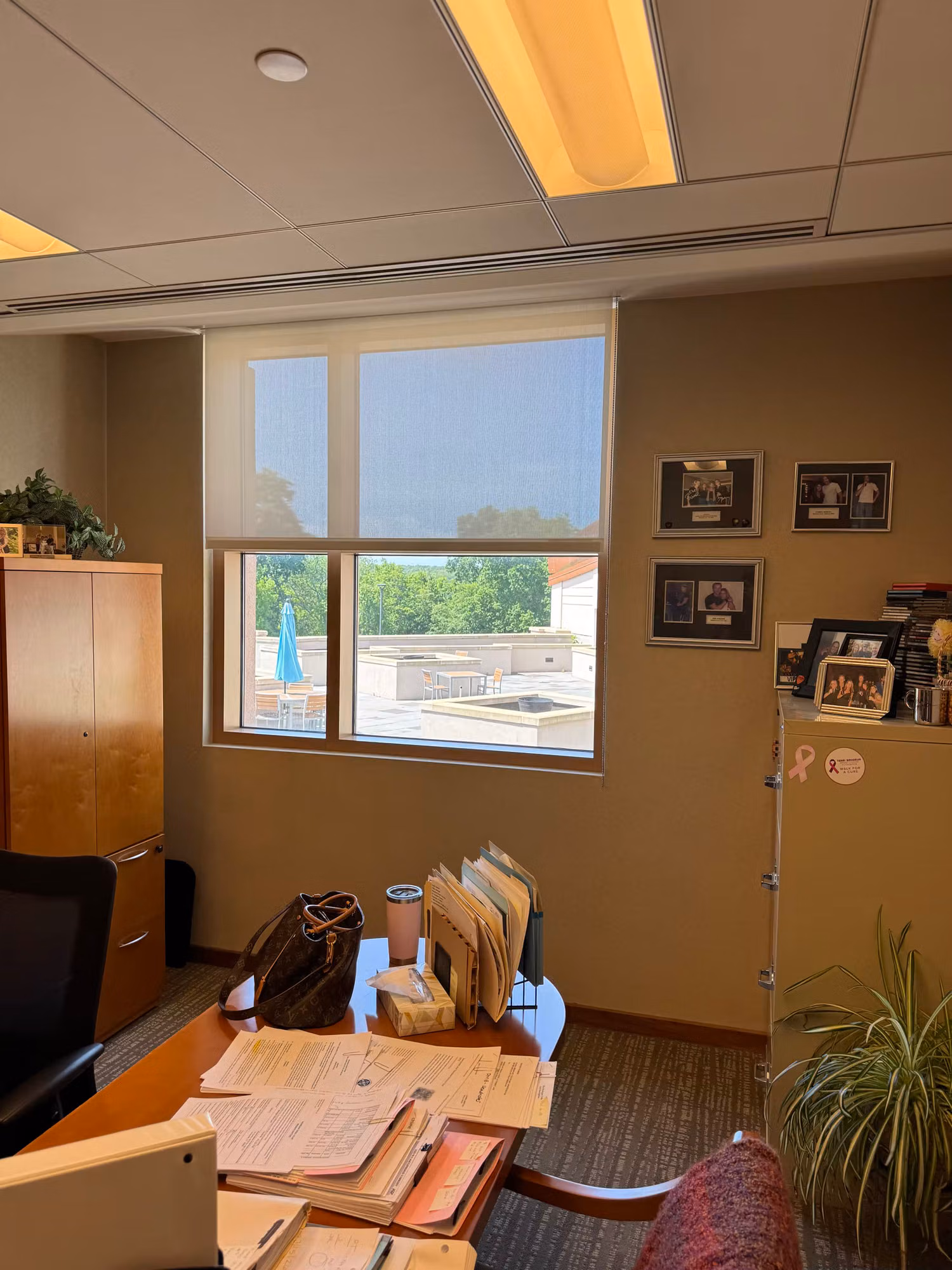 Office window covered with a translucent solar control screen cutting glare on the desk and framed photos.