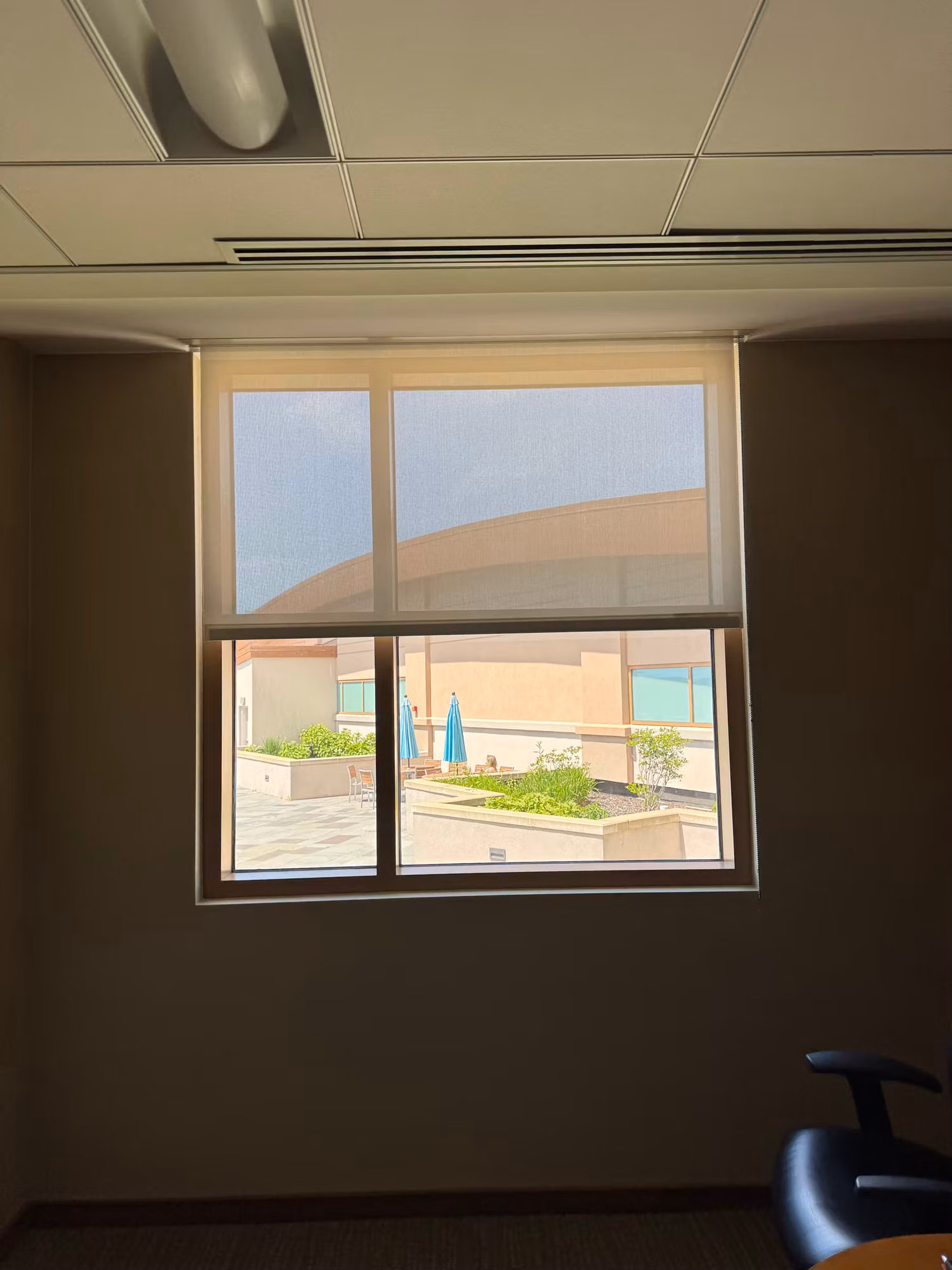 Office window with a lowered translucent solar control screen looking out onto a landscaped courtyard and patio.