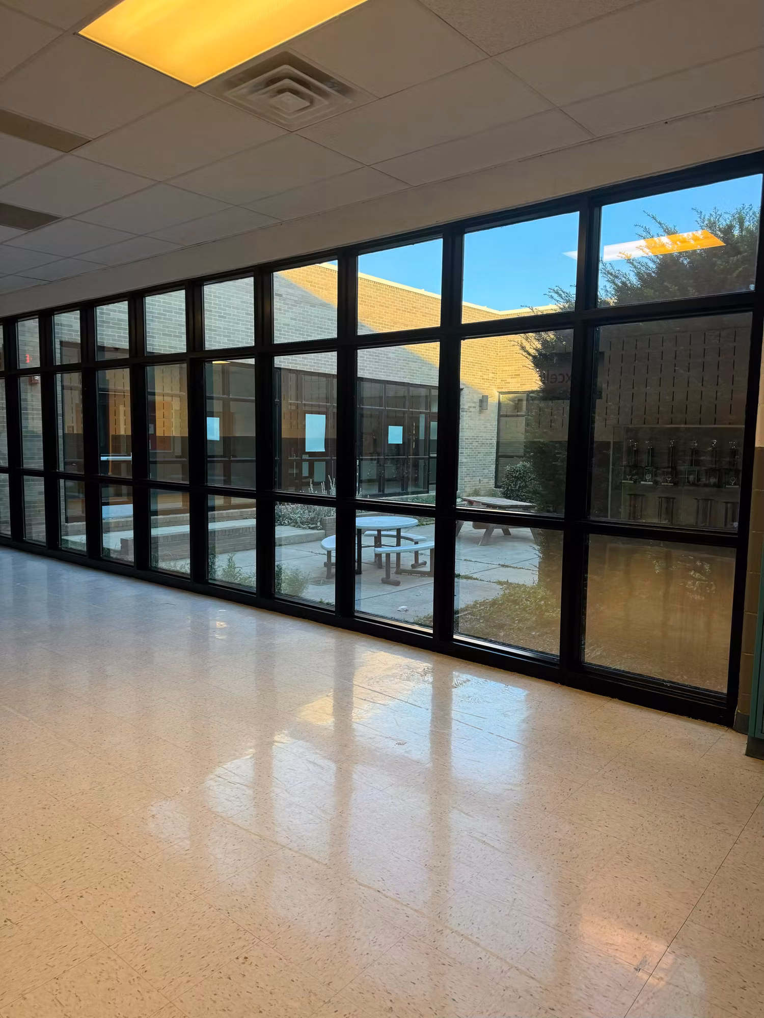 Polished school hallway with floor-to-ceiling glass panels looking out onto an interior courtyard.