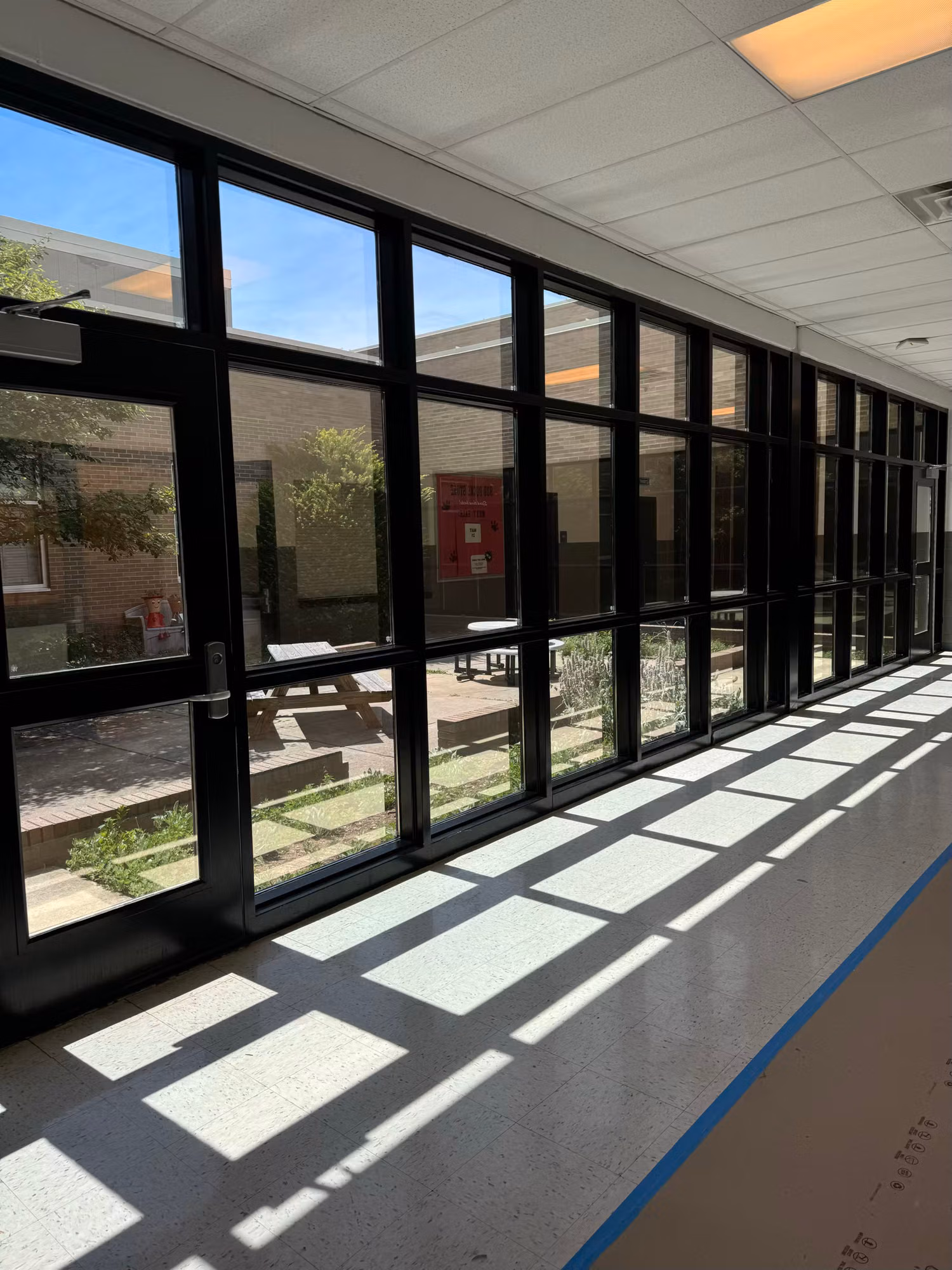 Interior glazed curtain wall facing a sunlit courtyard, sunlight falling across the corridor floor.
