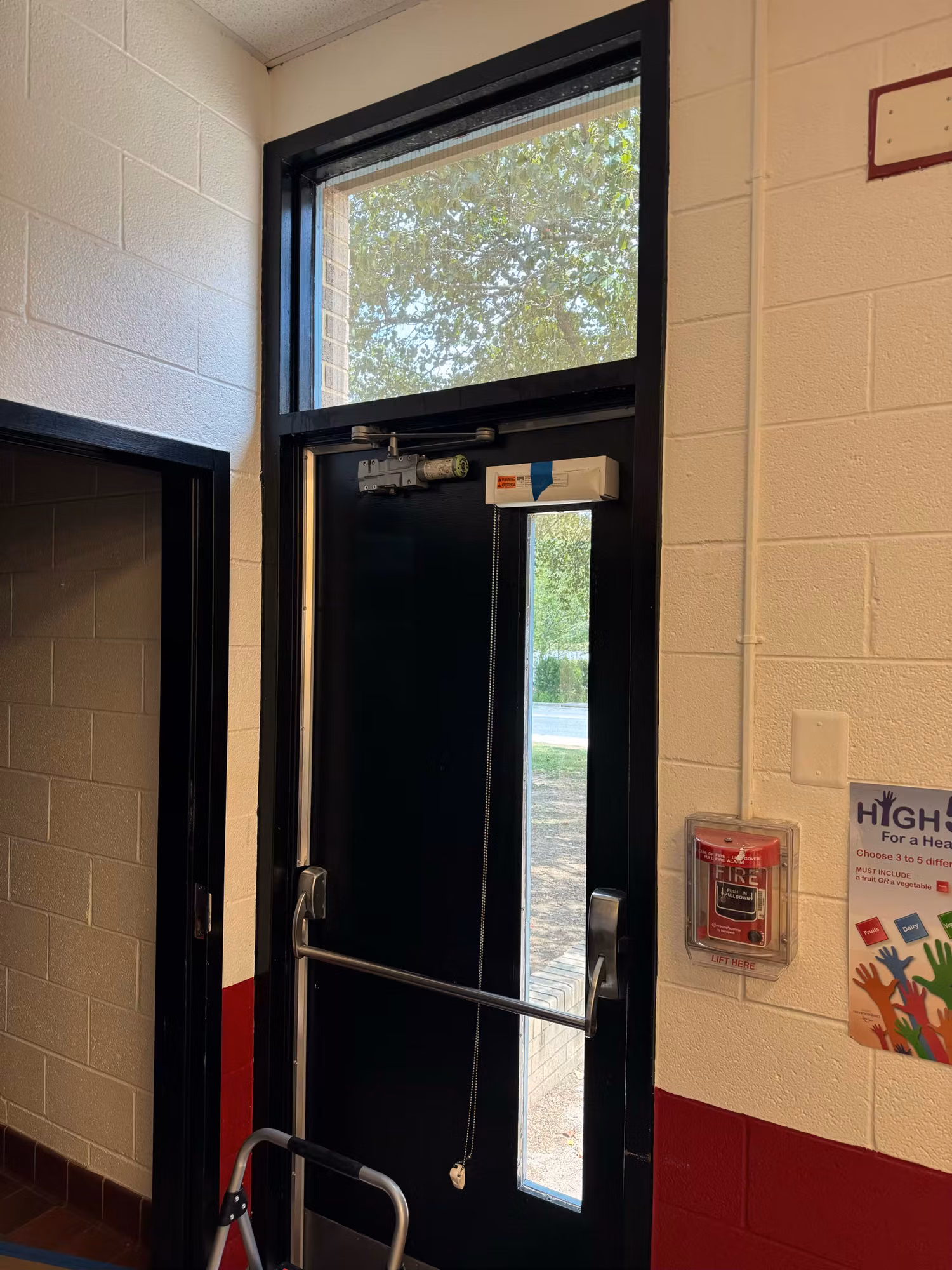 Interior push-bar exit door with a glass panel and transom letting in daylight from the leafy grounds outside.