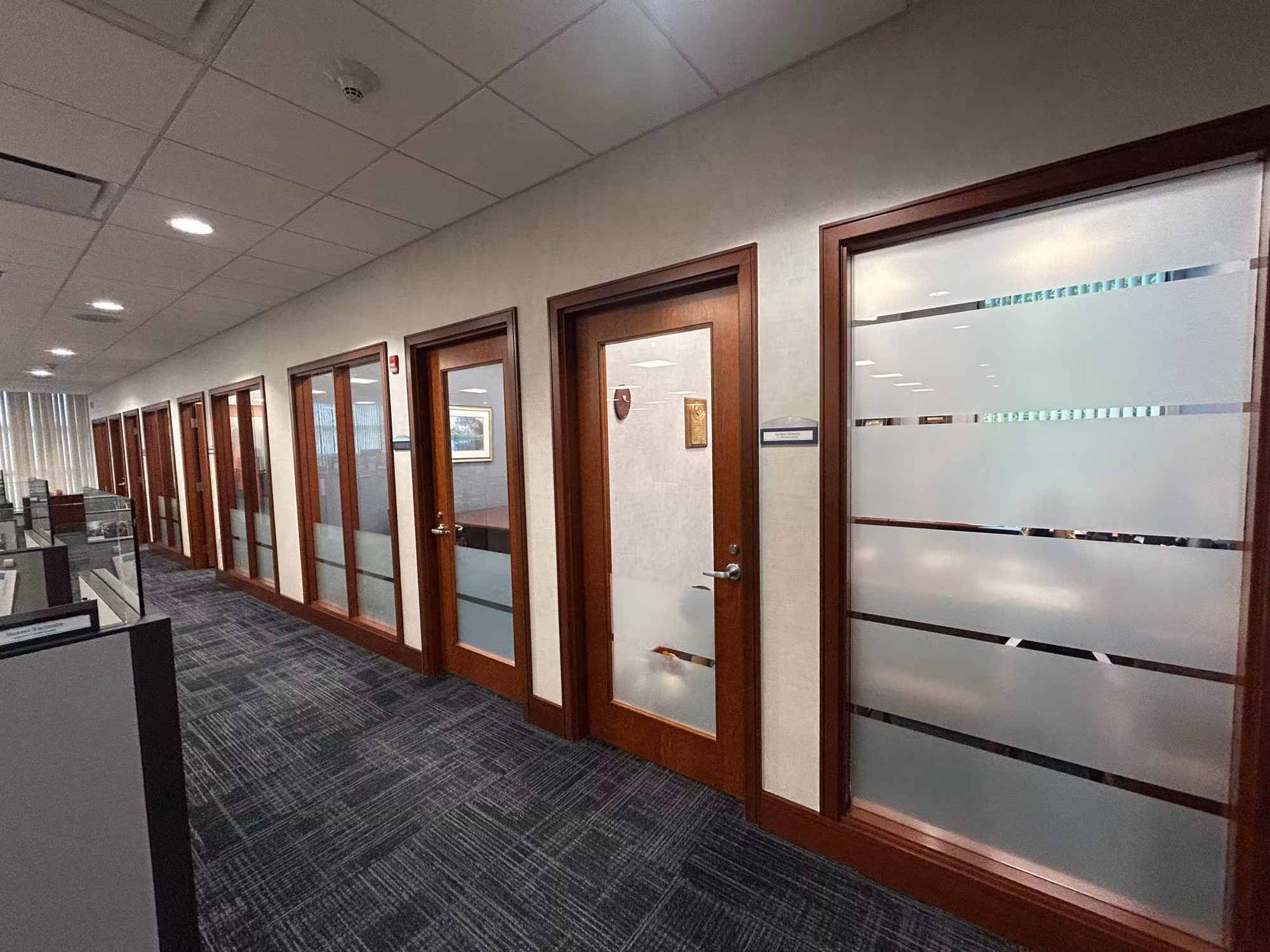 Office door glass with frosted film and a decorative striped pattern band along the upper glass in a corridor.
