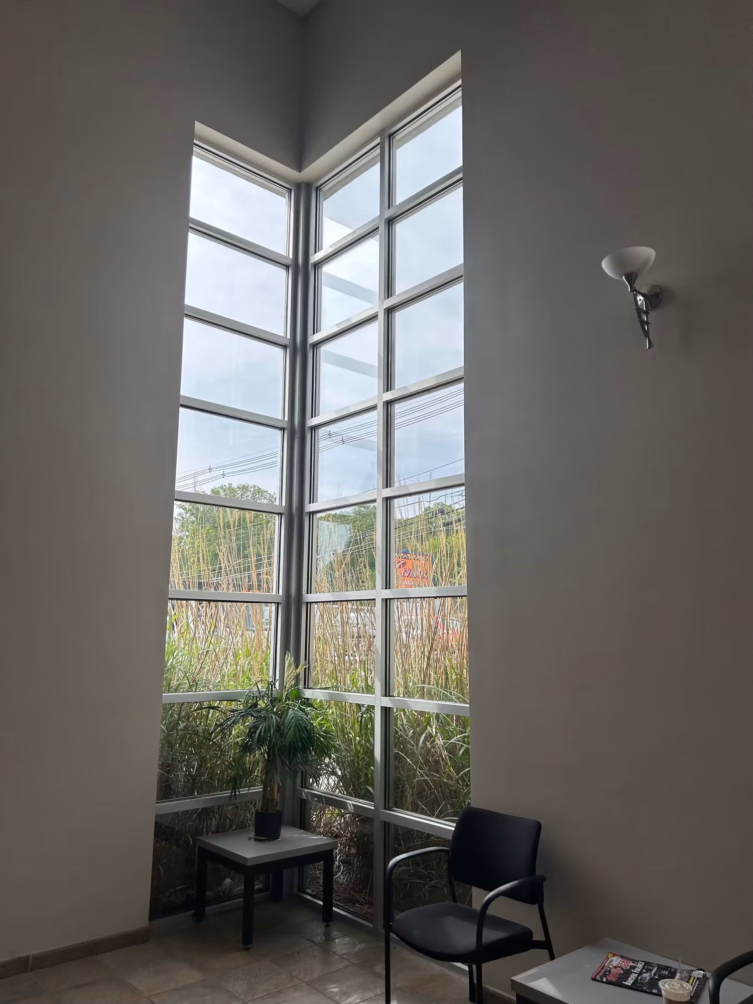 Tall multi-pane atrium window with a white grid frame above a lobby seating area and plant.