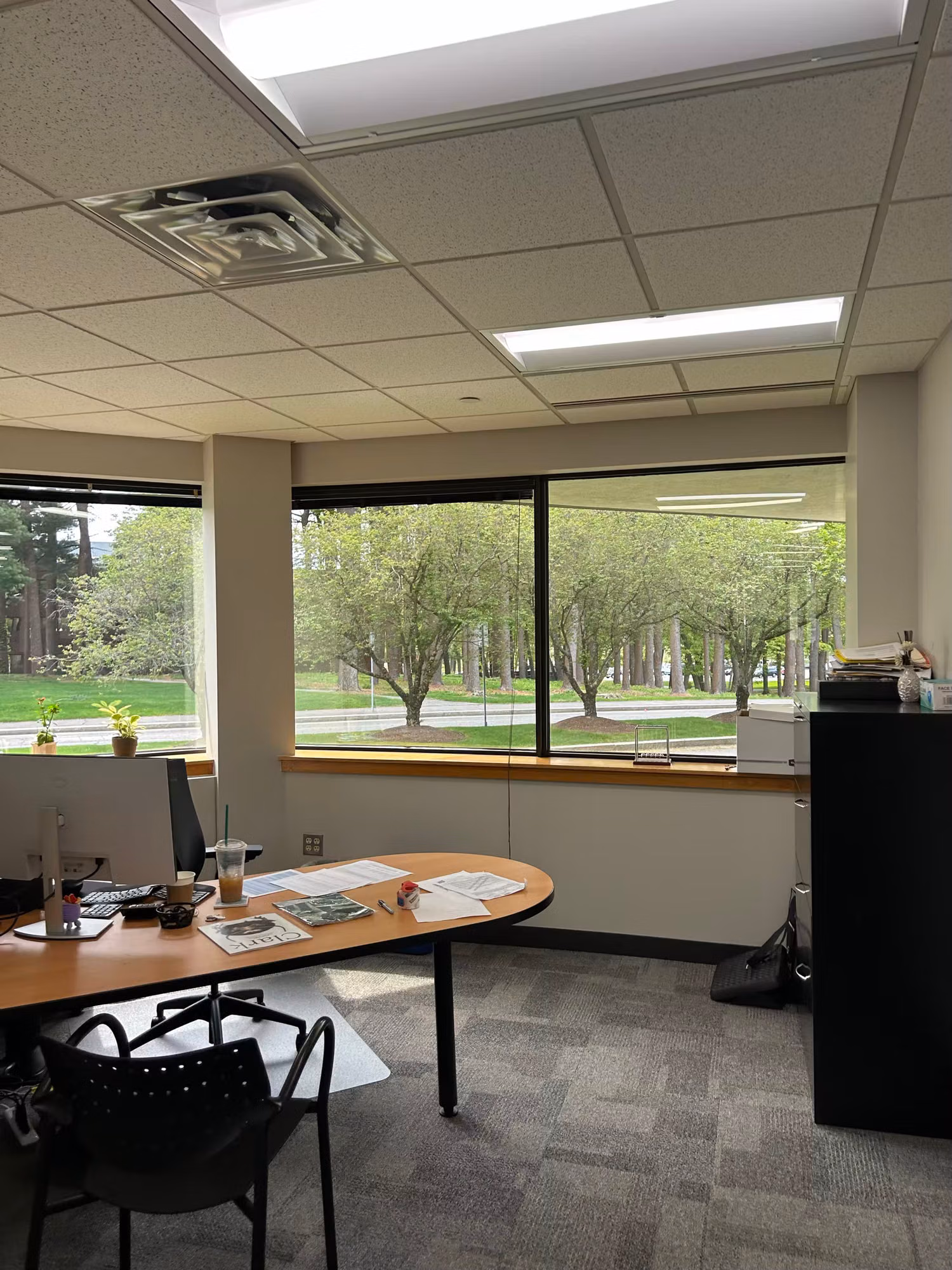 Corner office with large windows overlooking a wooded lot in a bright commercial workspace.