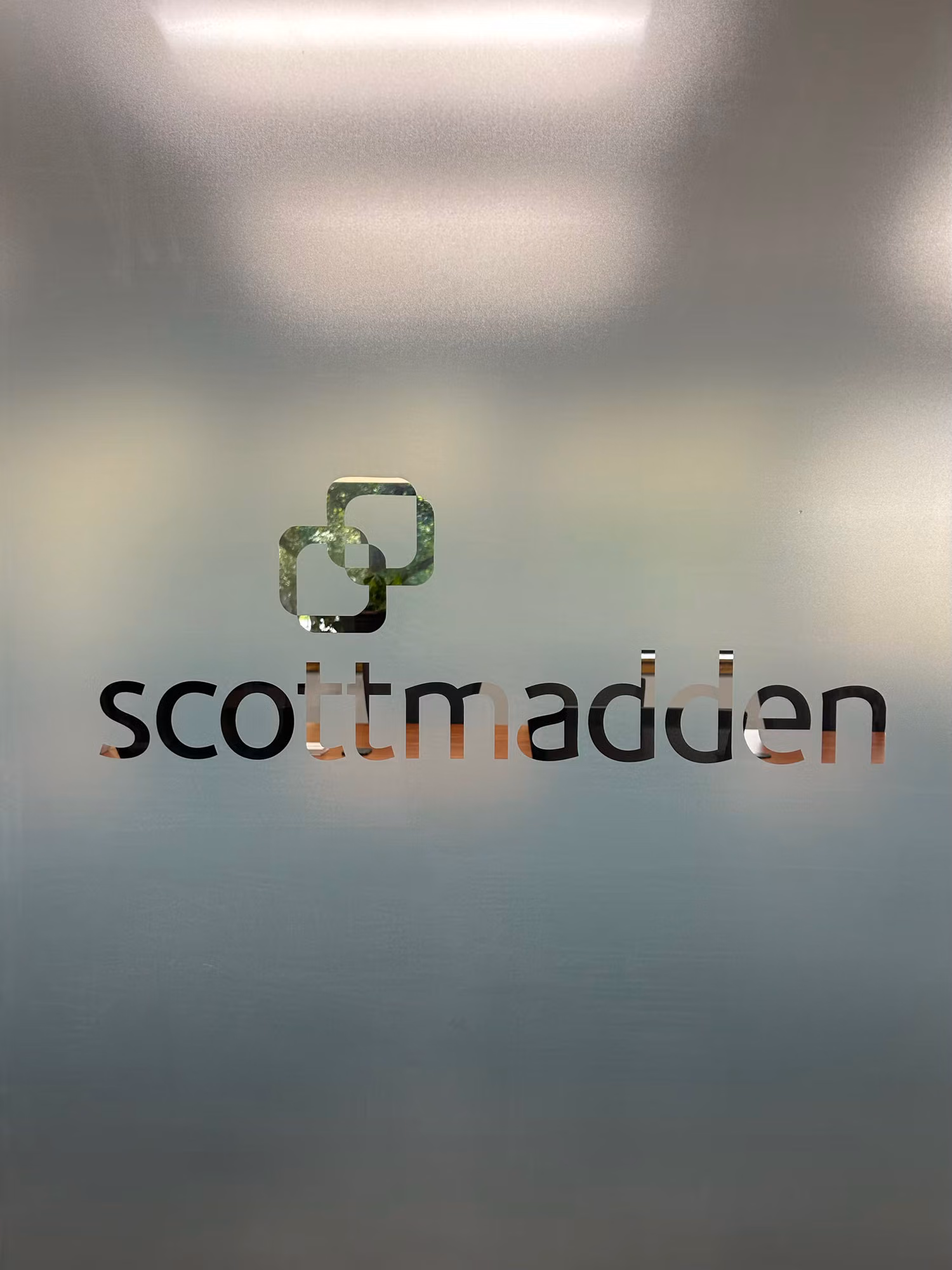 Close view of frosted partition glass with a decorative clear cut-out logo graphic set into the etched film.