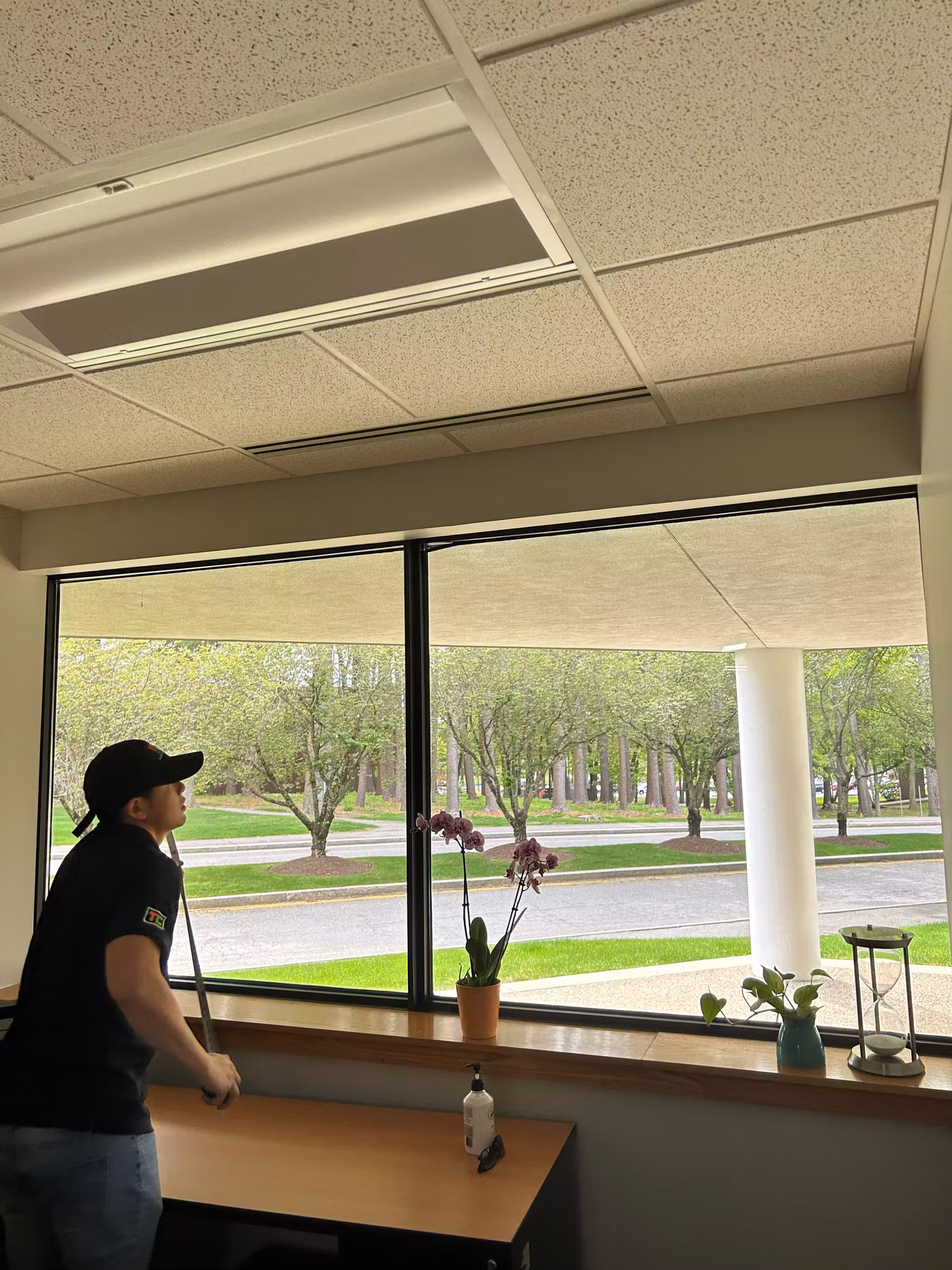 Installer at a large office picture window overlooking trees while applying window film to the glass.