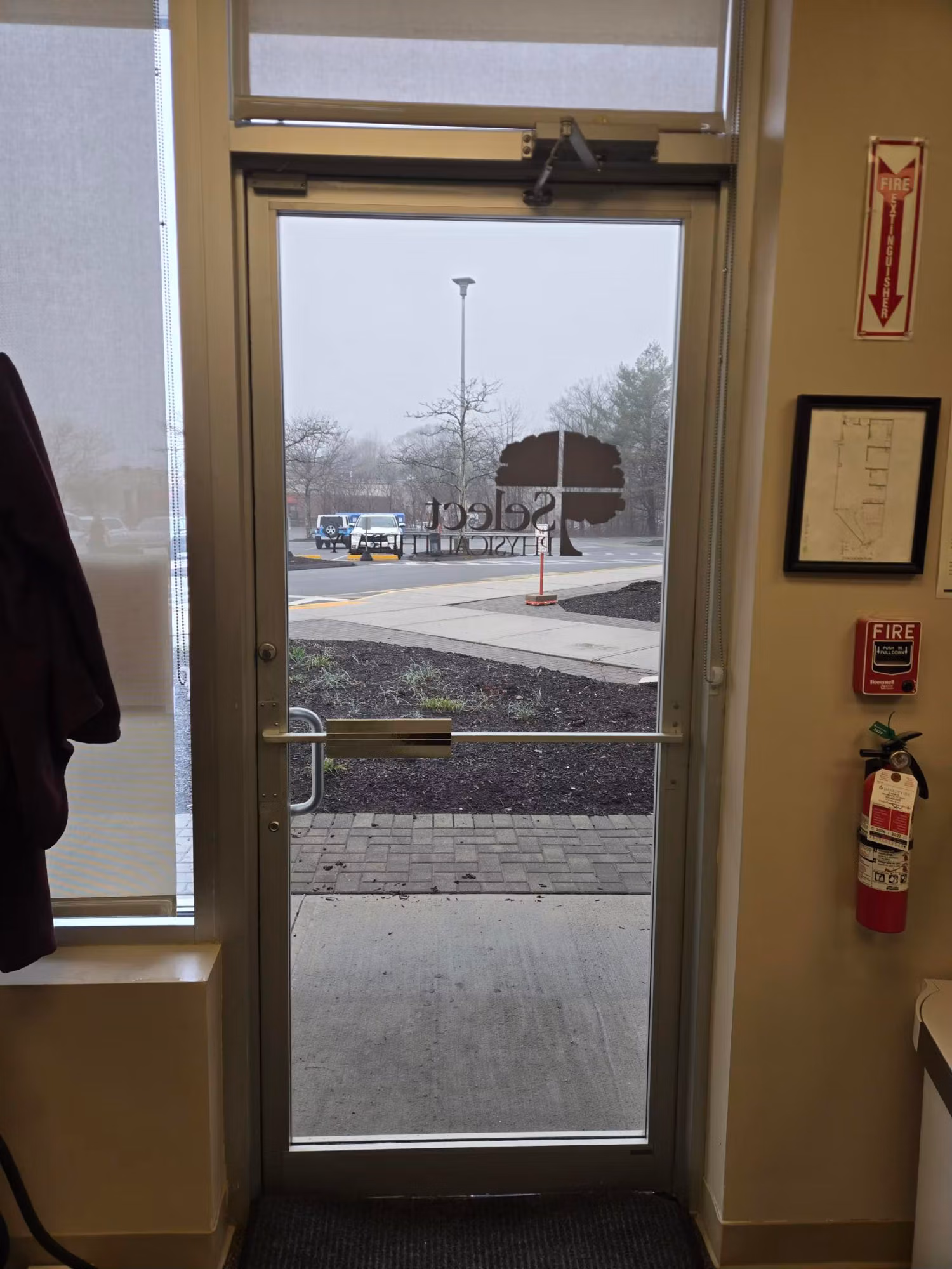 Interior view through a commercial entry door showing reversed cut-vinyl logo lettering on the clear glass.