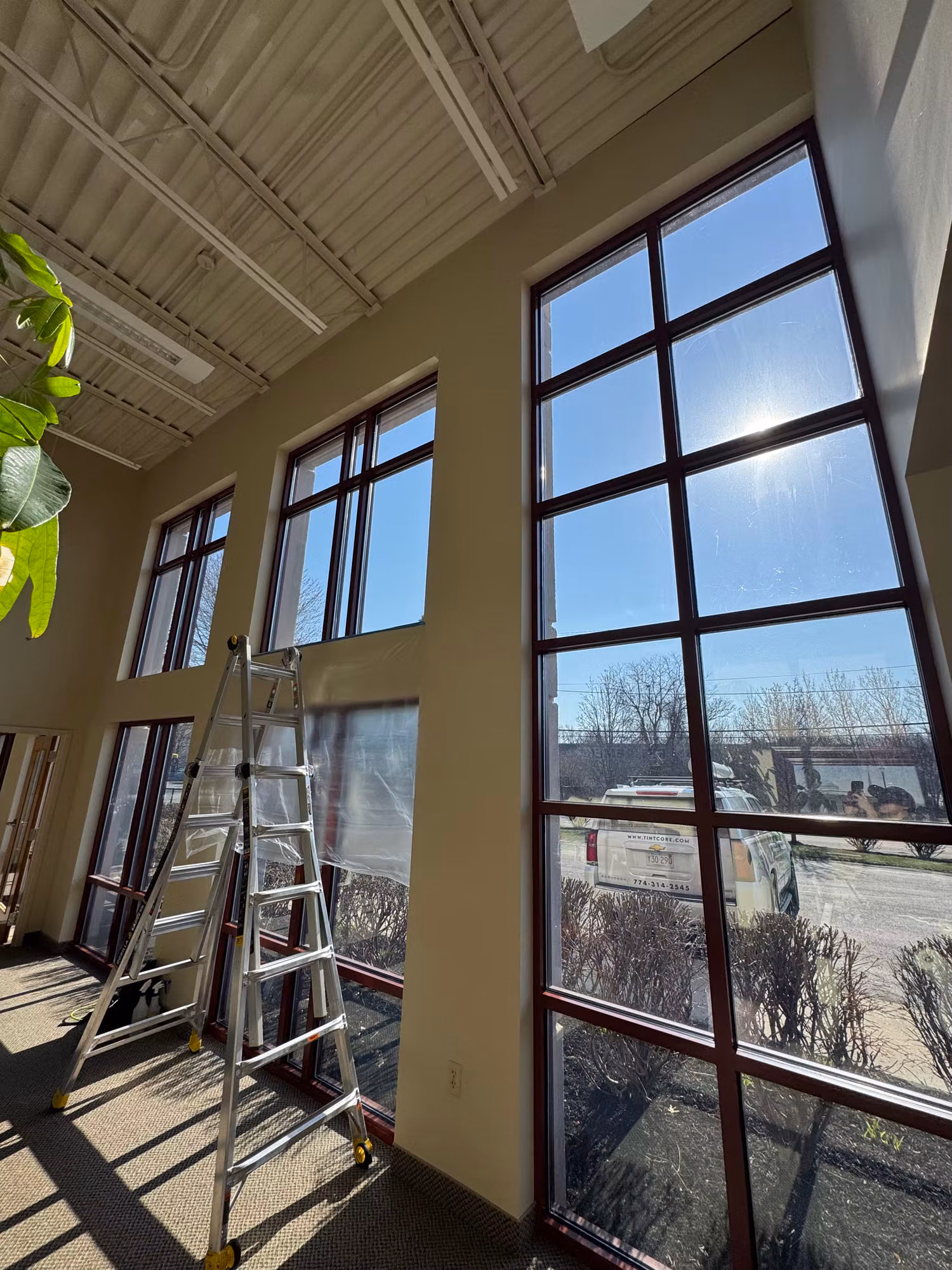 Step ladder beside tall commercial windows during window film installation in an open two-story space.