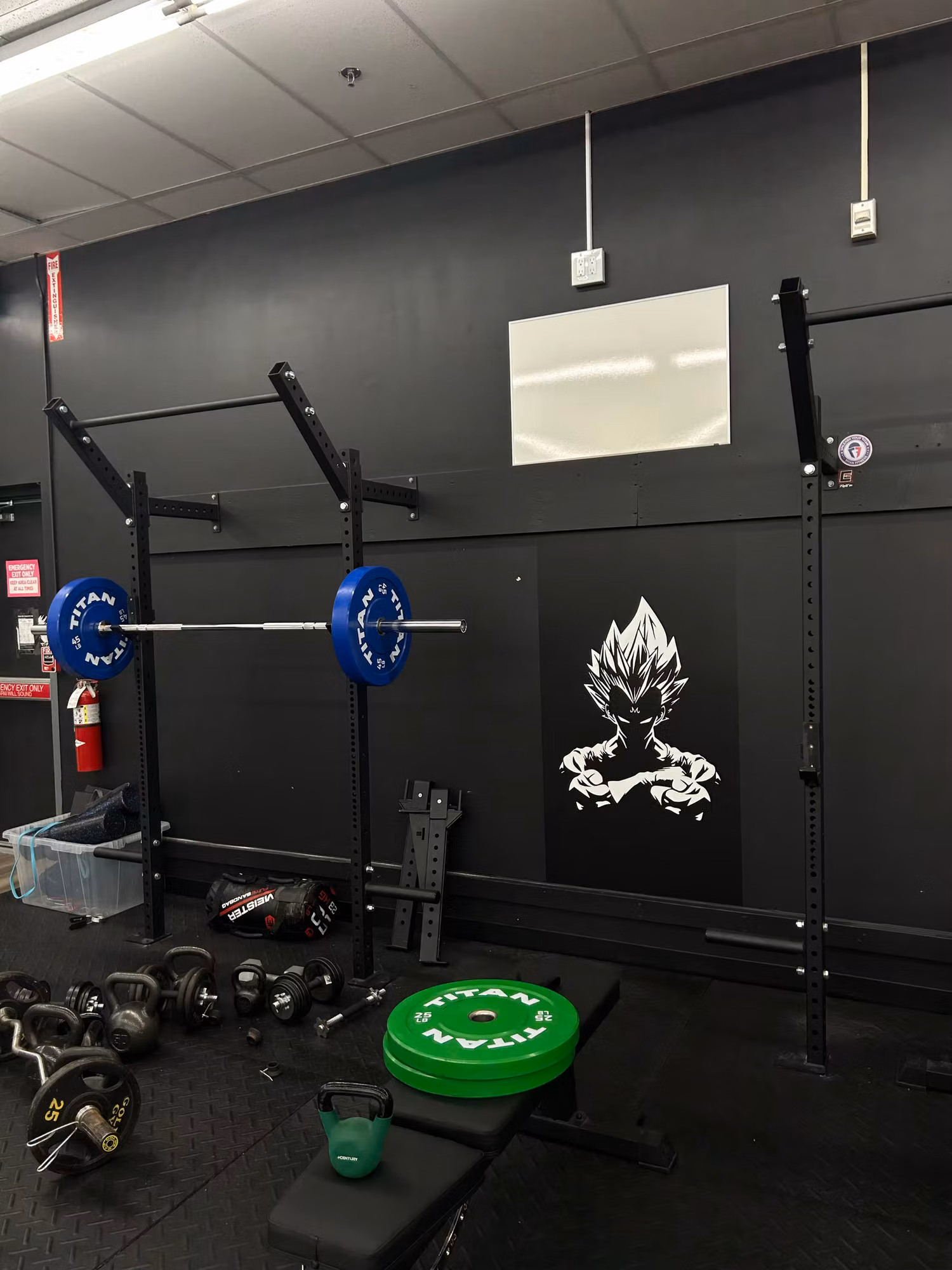 Printed character graphic applied to a dark gym wall beside a squat rack and weight equipment.
