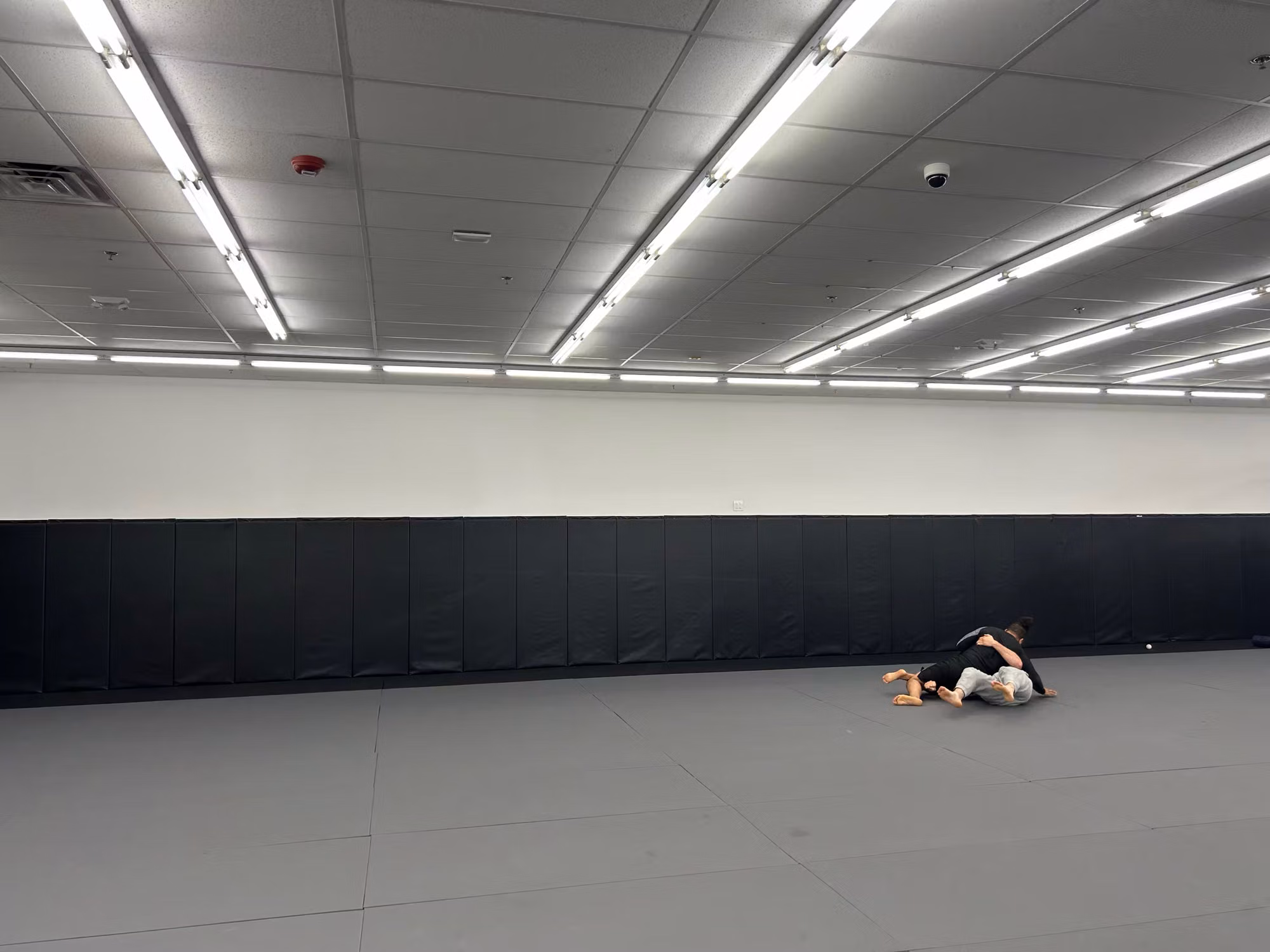 Open grappling mat room with black wall padding along the base and two people training on the floor.