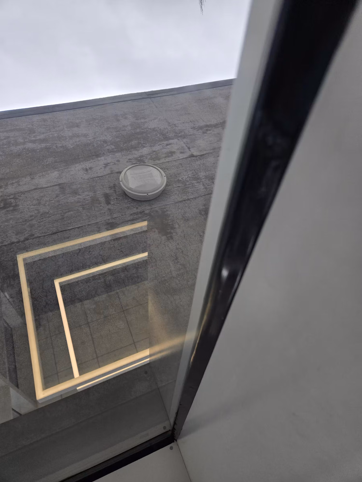 Interior view up a commercial glass curtain wall reflecting a concrete ceiling and square light fixture.