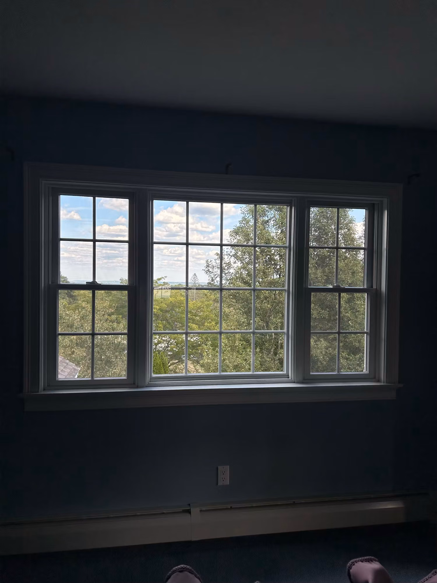 Three grid-pattern double-hung windows in a blue bedroom framing a bright view of water and trees.