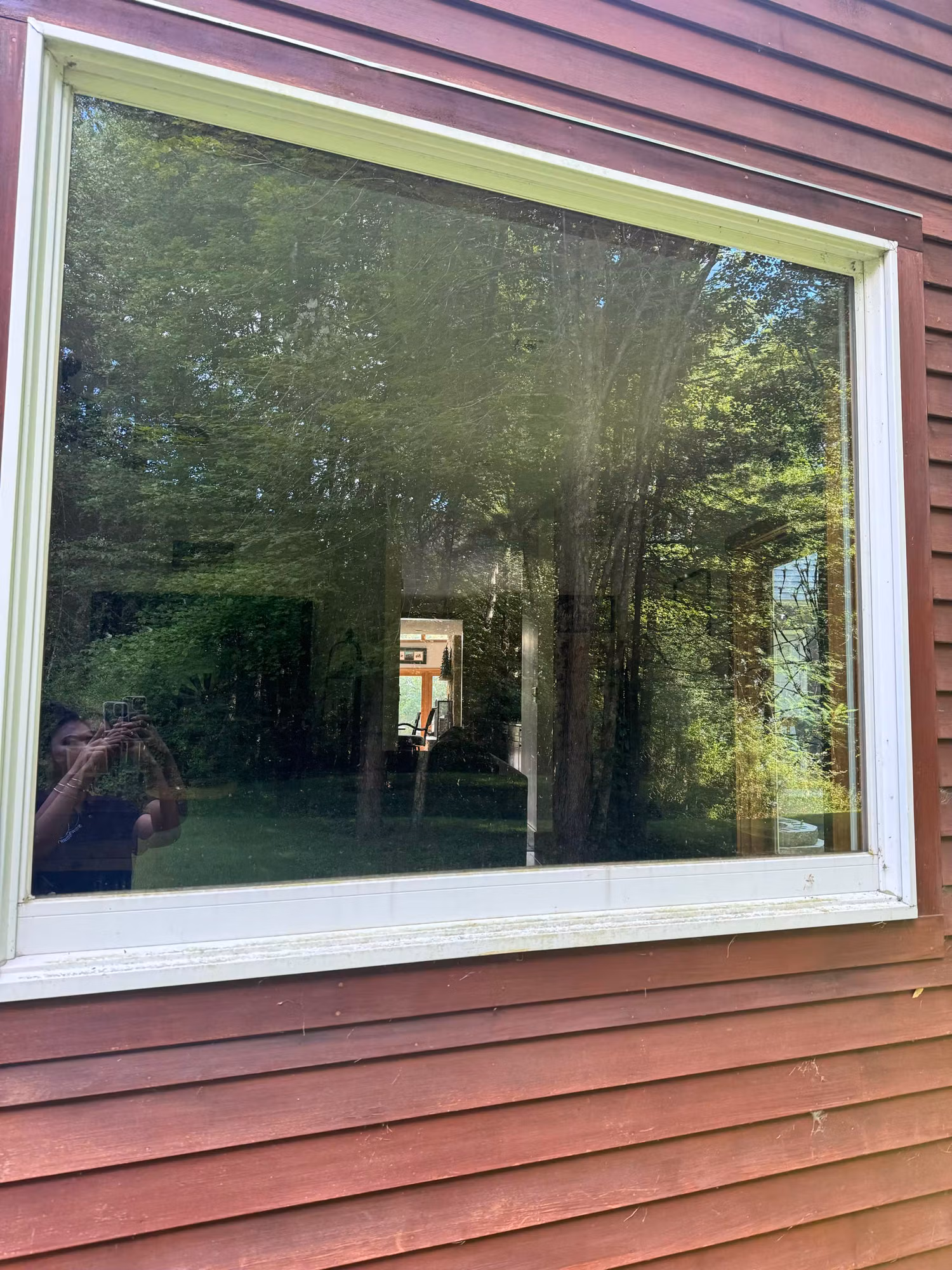 Large exterior window with darkened reflective solar control film on brown siding reflecting nearby trees.