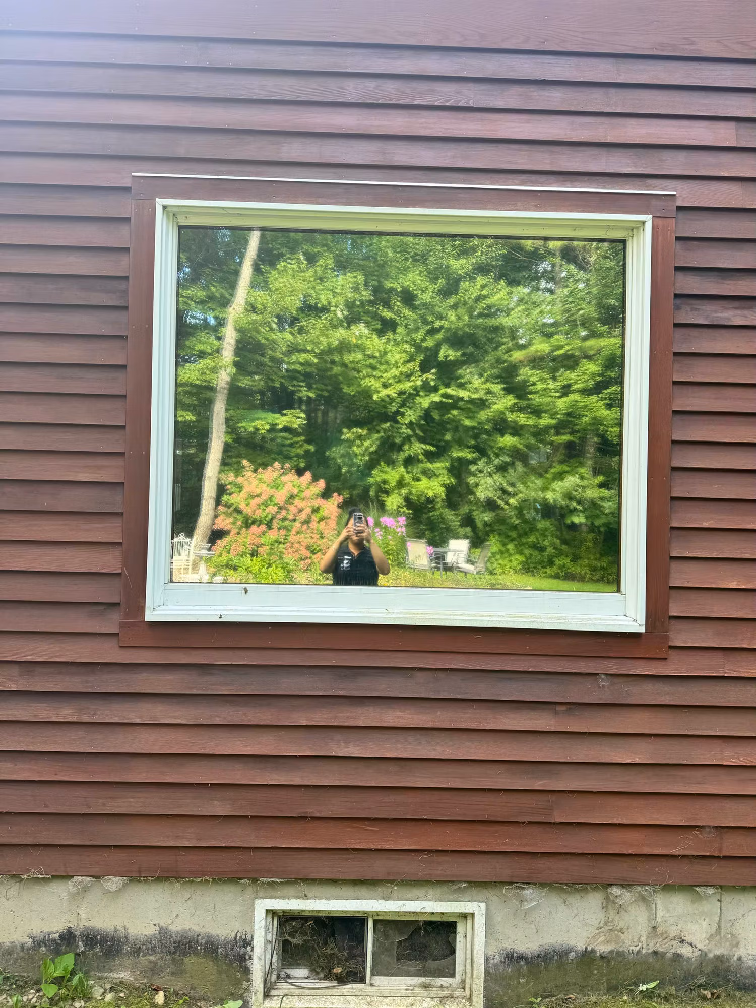 Exterior picture window with reflective solar film on brown clapboard siding showing a wooded reflection.
