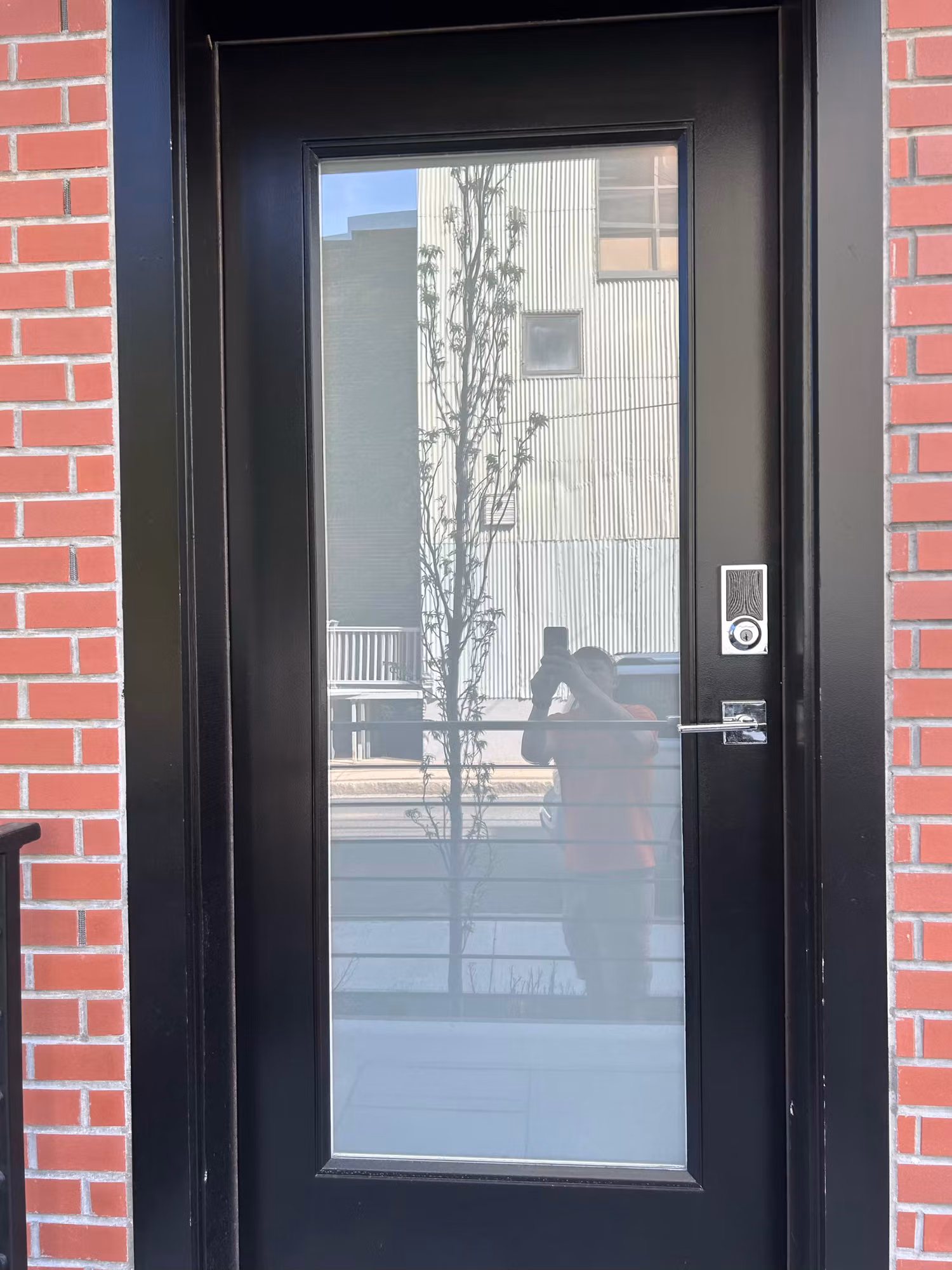 Black residential entry door with a full-length glass lite set into a red brick facade.