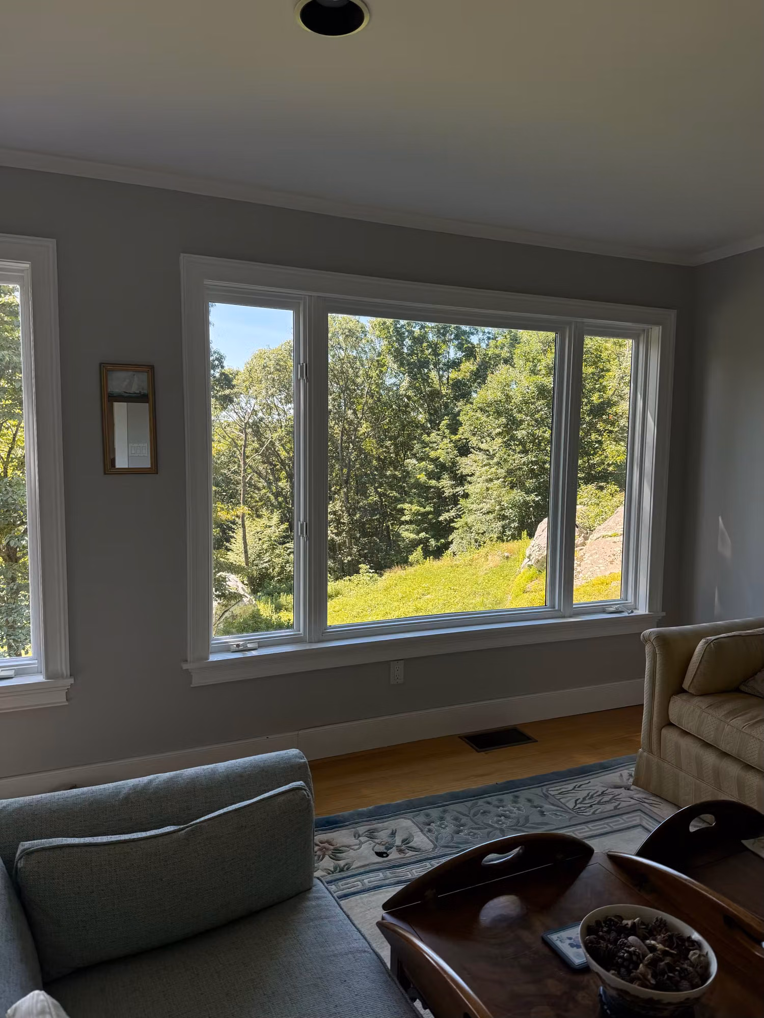 Living room picture window with three large panes overlooking wooded greenery and a grassy hillside.