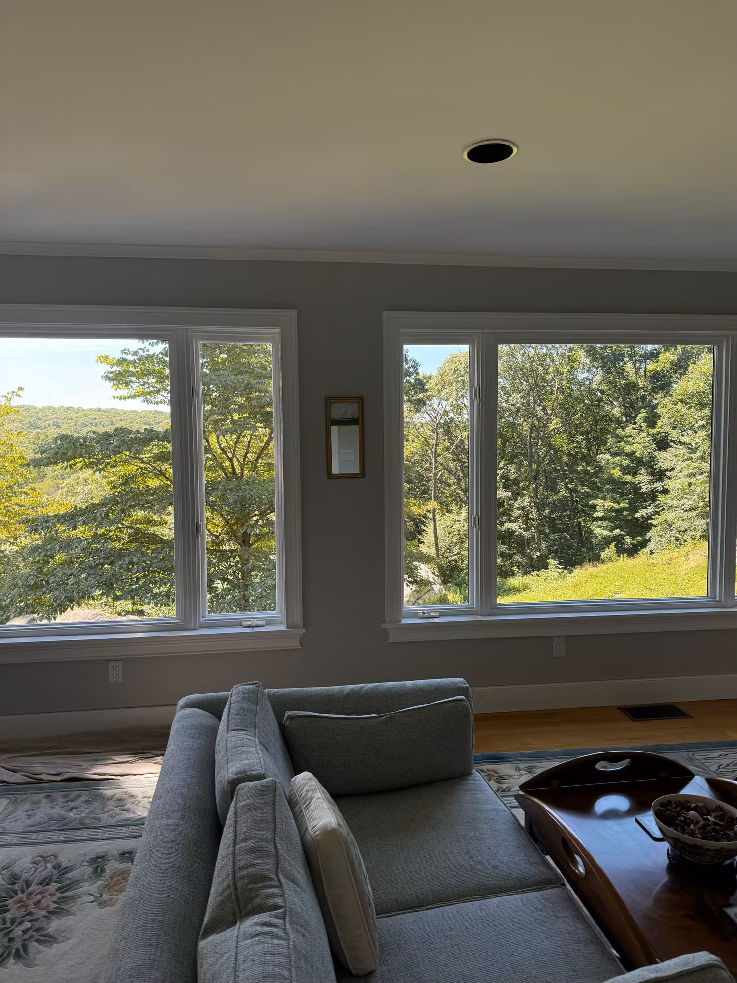 Living room windows with applied film overlooking green hills, with a gray sectional sofa and coffee table.
