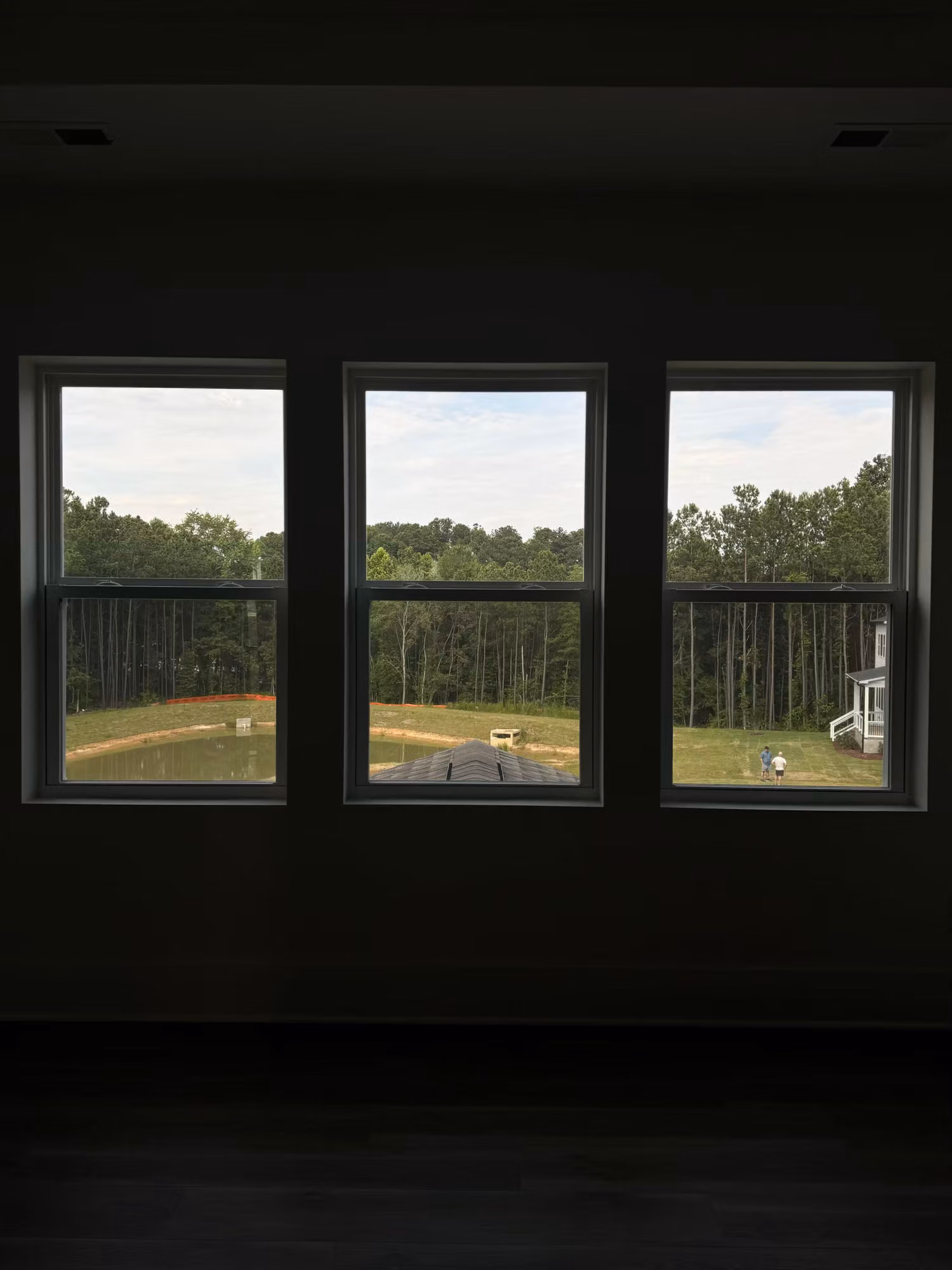 Three darkened windows with solar control film cutting glare while keeping a clear view of the wooded yard and pond.