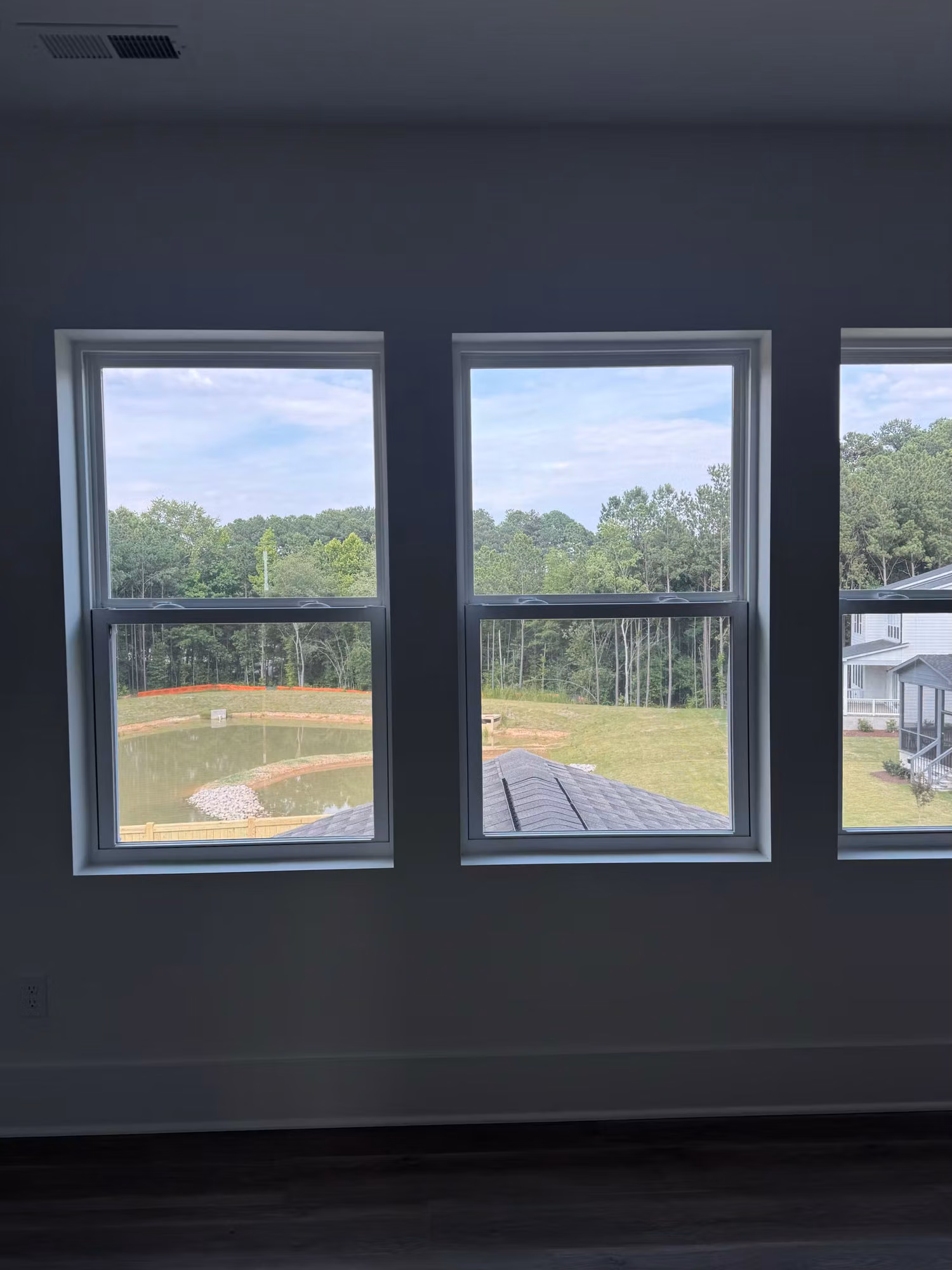 Three double-hung windows with window film framing a clear view of the backyard pond and tree line.