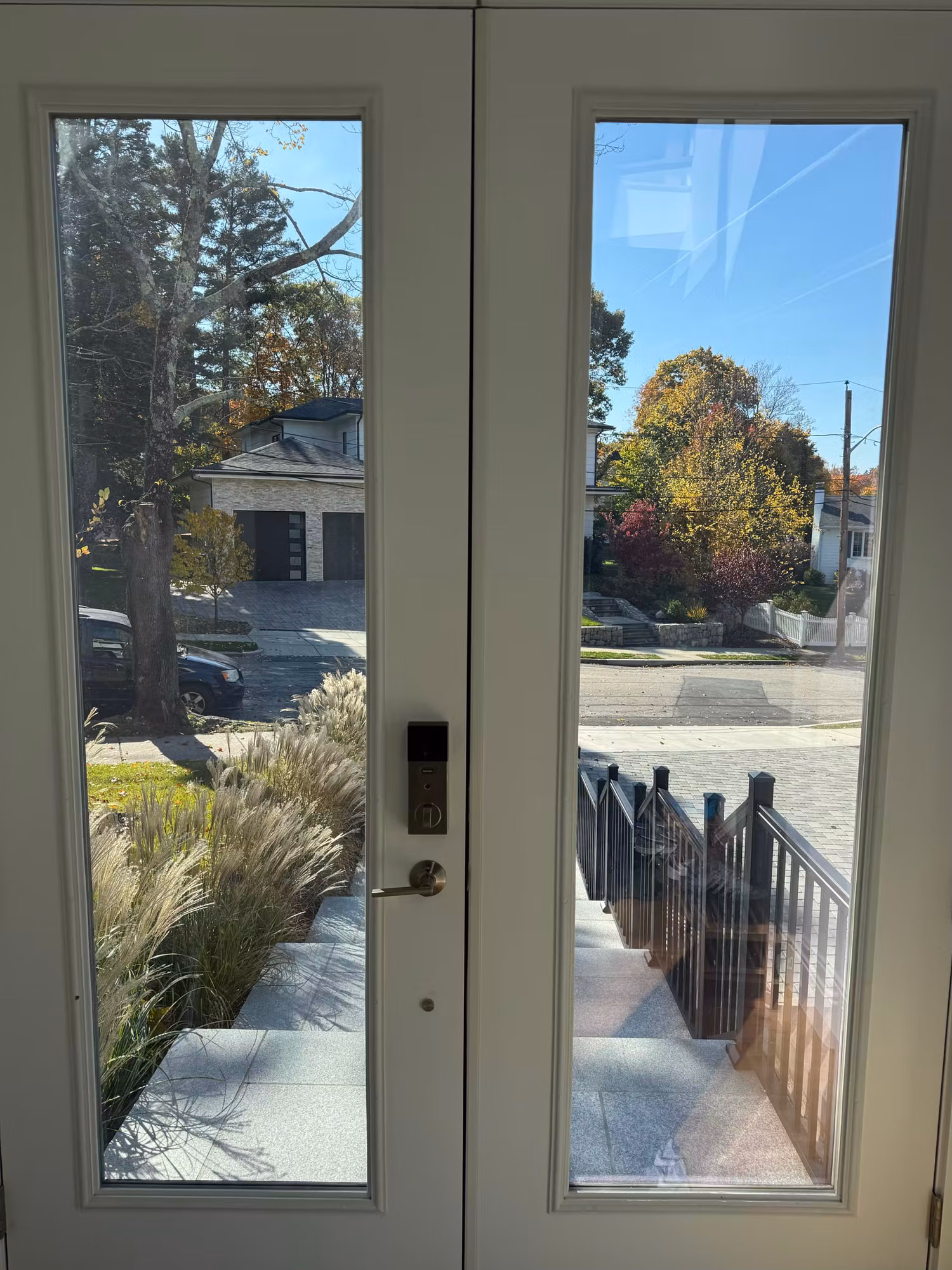 Clear glass French entry doors showing the front walkway and yard prior to privacy film application.