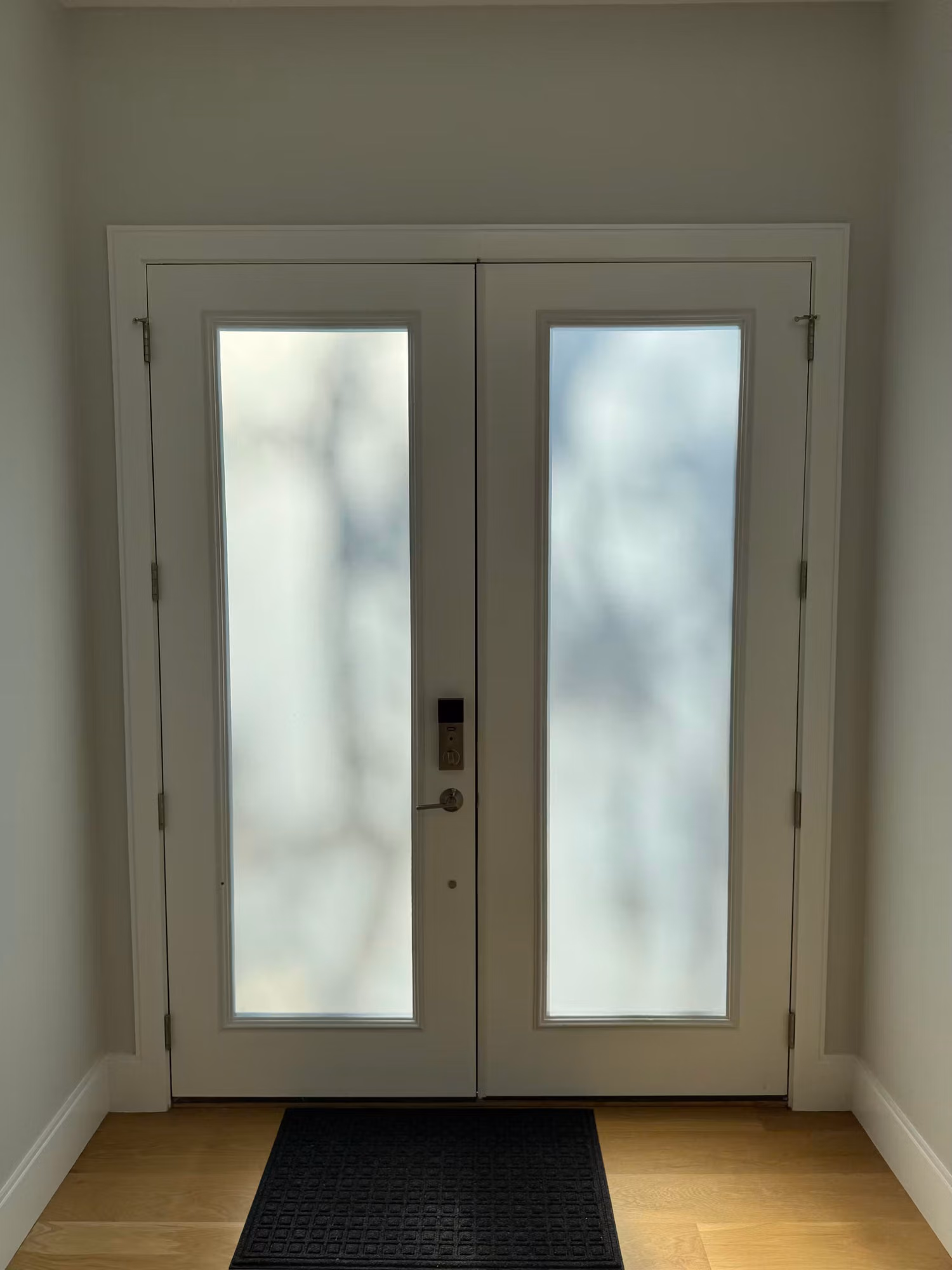 French entry doors with frosted privacy film fully obscuring the glass while keeping daylight.
