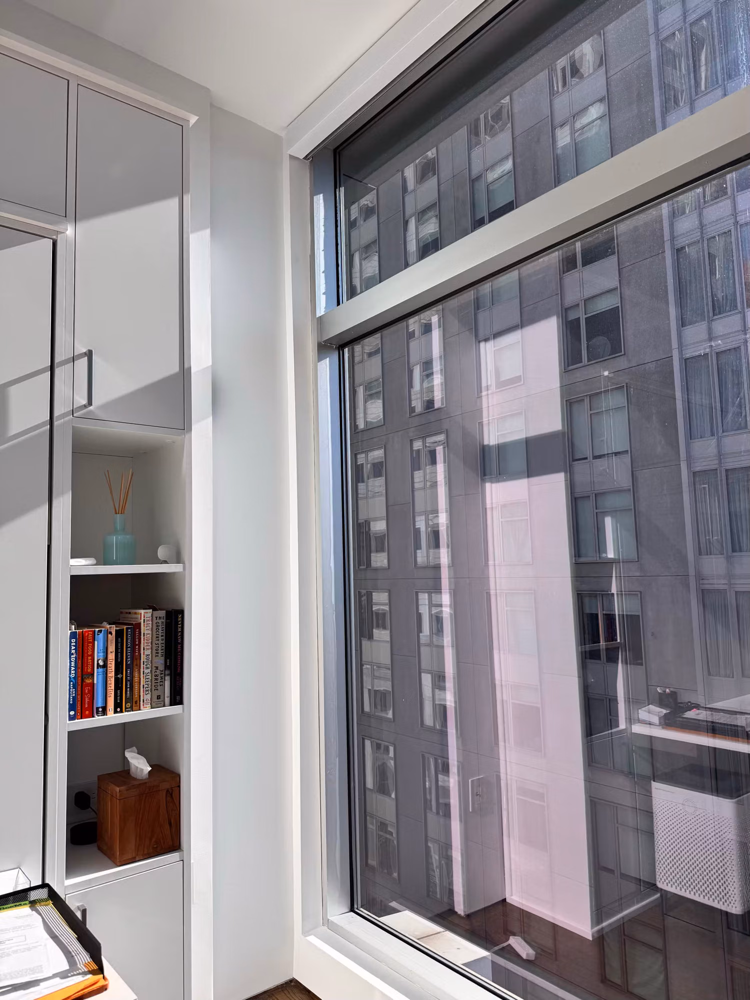 Tall residential window with darkened solar control film tinting the view of a neighboring building.