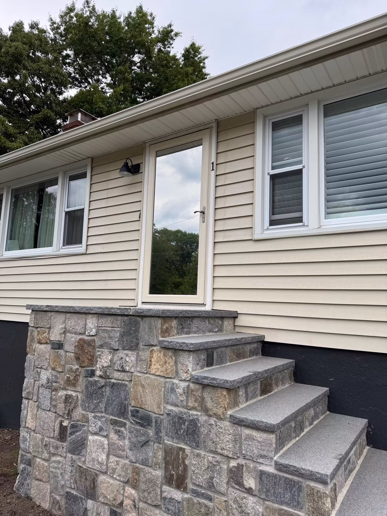 Glass entry door above a stone stoop on a vinyl-sided home, flanked by side windows.