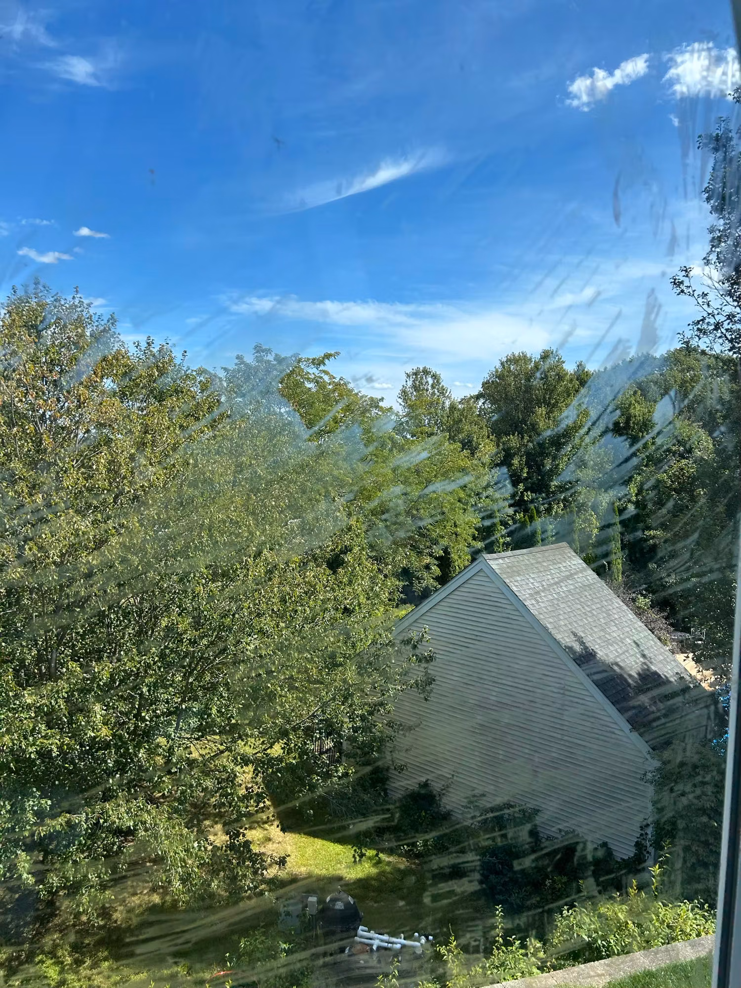 Upper-floor home window with clear film applied, looking out over a backyard, trees, and a neighboring house.