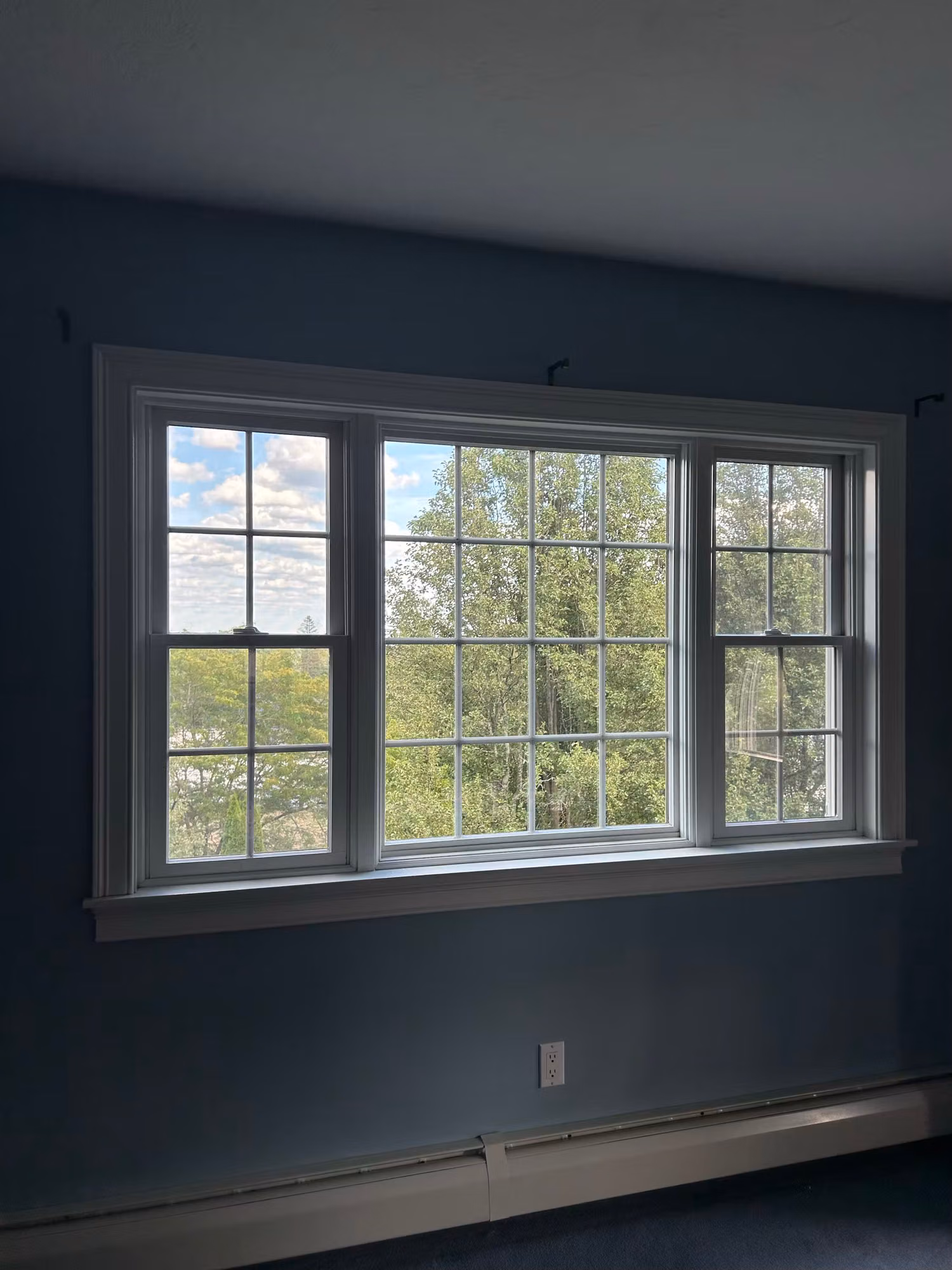 Triple bank of grid-pattern bedroom windows with window film applied, overlooking trees and an open field.